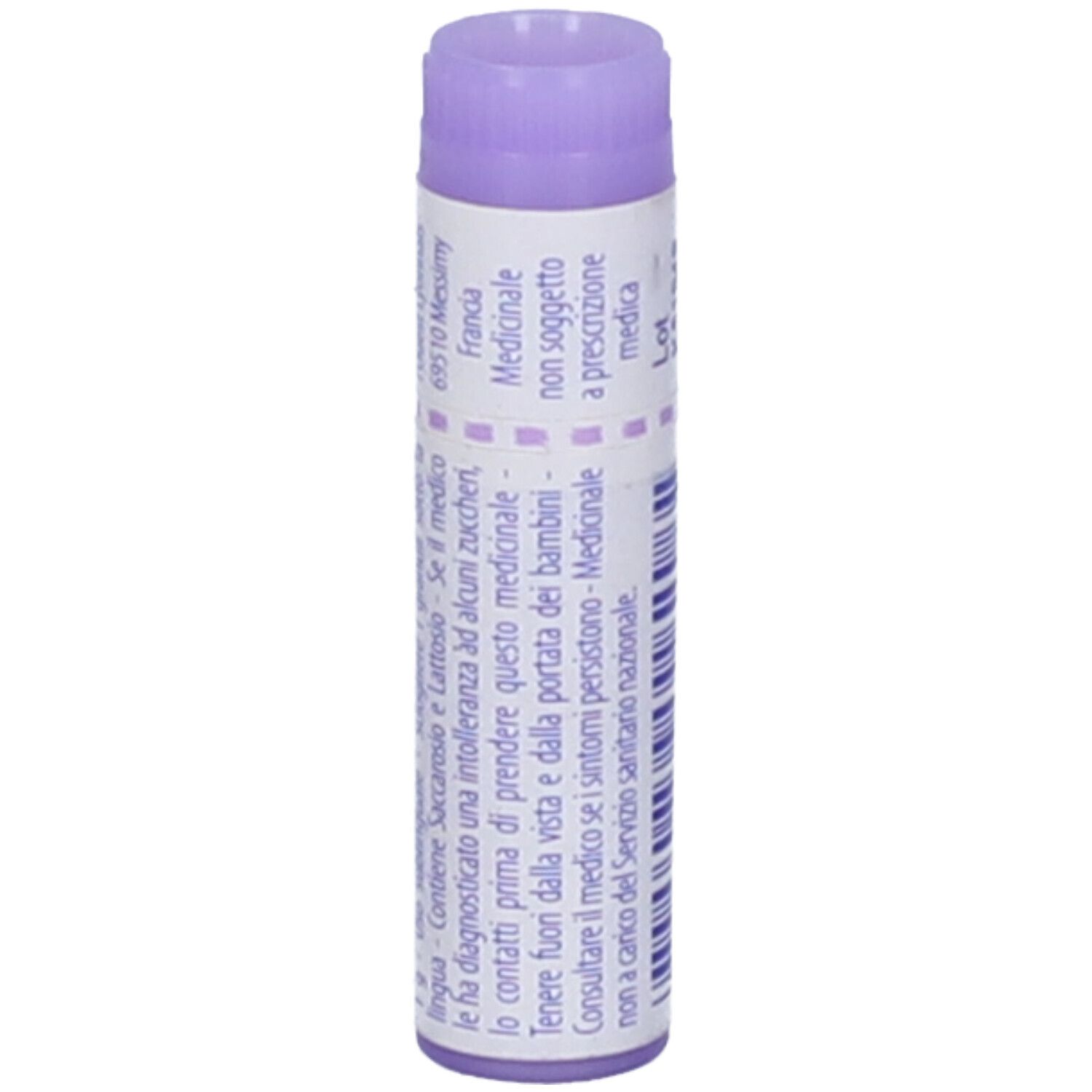 Confezione cilindrica, tappo viola. Retro con testo. Non soggetto a prescrizione medica.