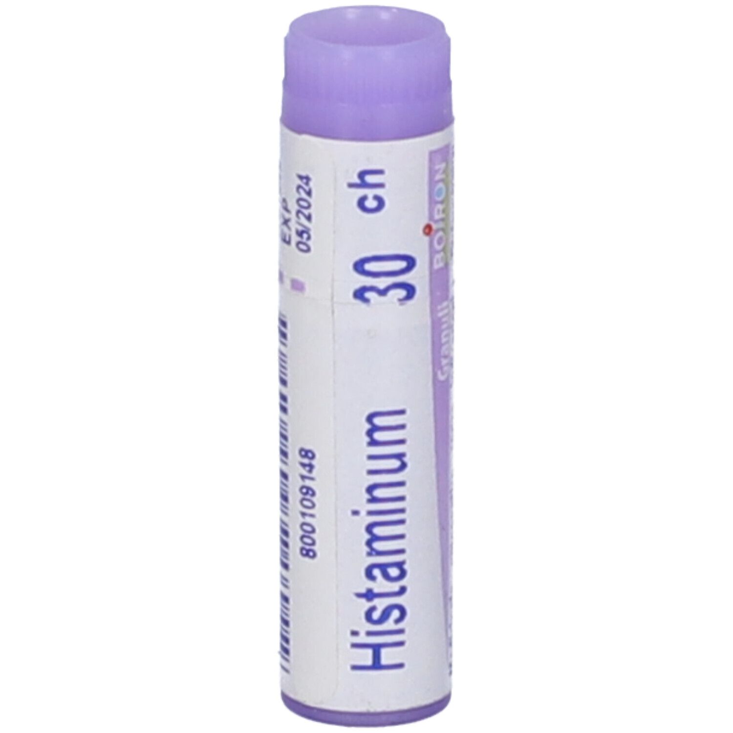 Confezione cilindrica, tappo viola. Scritta: Histaminum 30 CH, BOIRON, scadenza 05/2024.