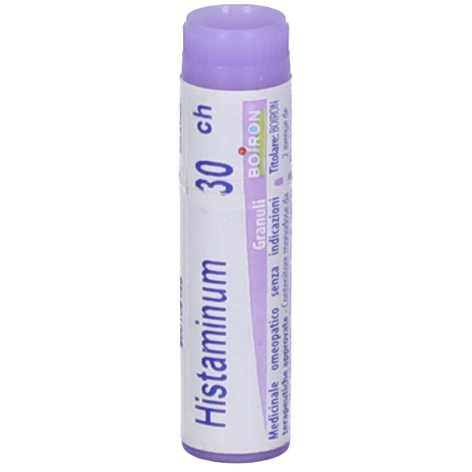 Confezione cilindrica, tappo viola. Scritta: Histaminum 30 CH, BOIRON, Granuli.