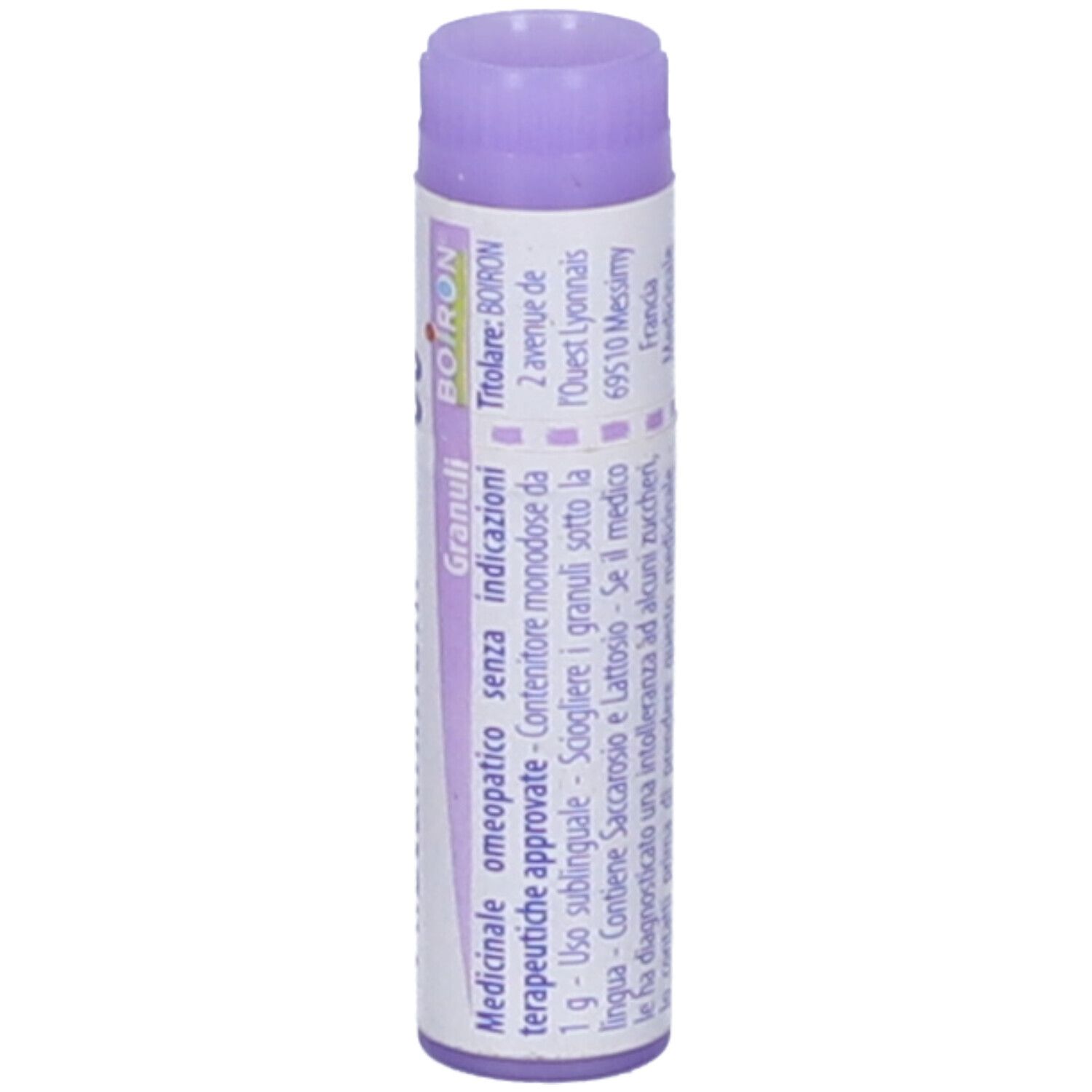 Confezione cilindrica, tappo viola. Scritta: Histaminum 30 CH, BOIRON, Granuli. Indirizzo.