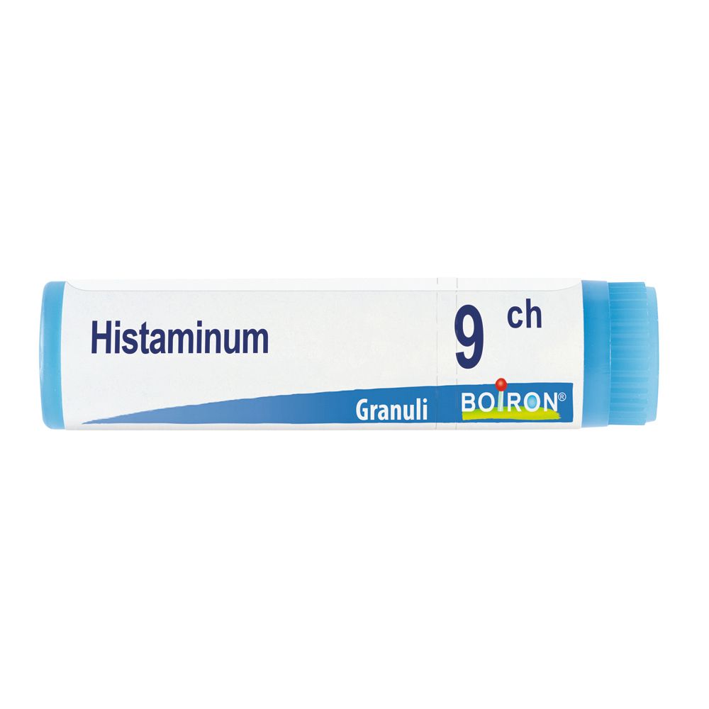 Confezione cilindrica con tappo blu. Scritta: Histaminum 9 ch, Granuli, BOIRON.