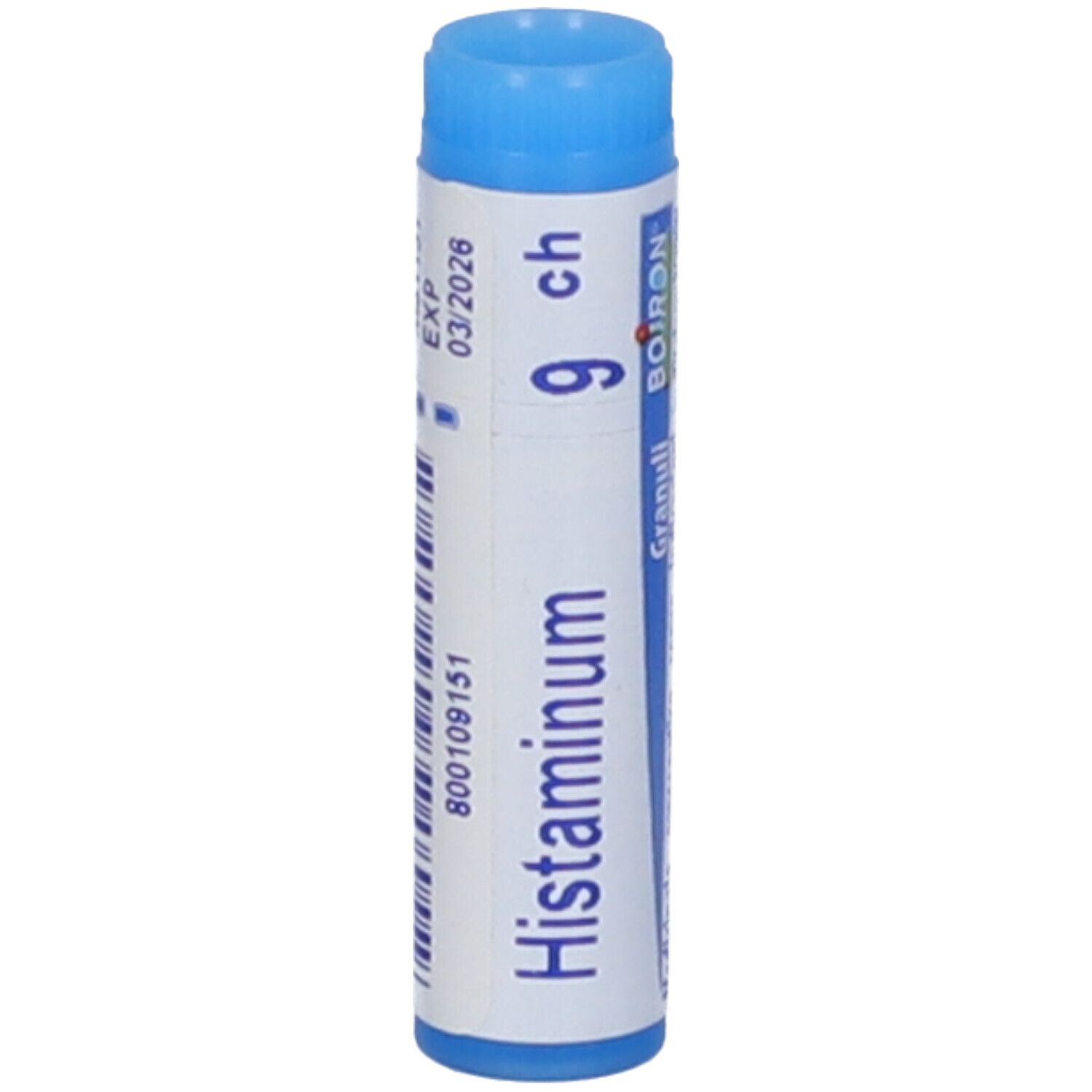 Confezione cilindrica, blu e bianca. Scritta: Histaminum 9 ch, EXP 03/2026, BOIRON.