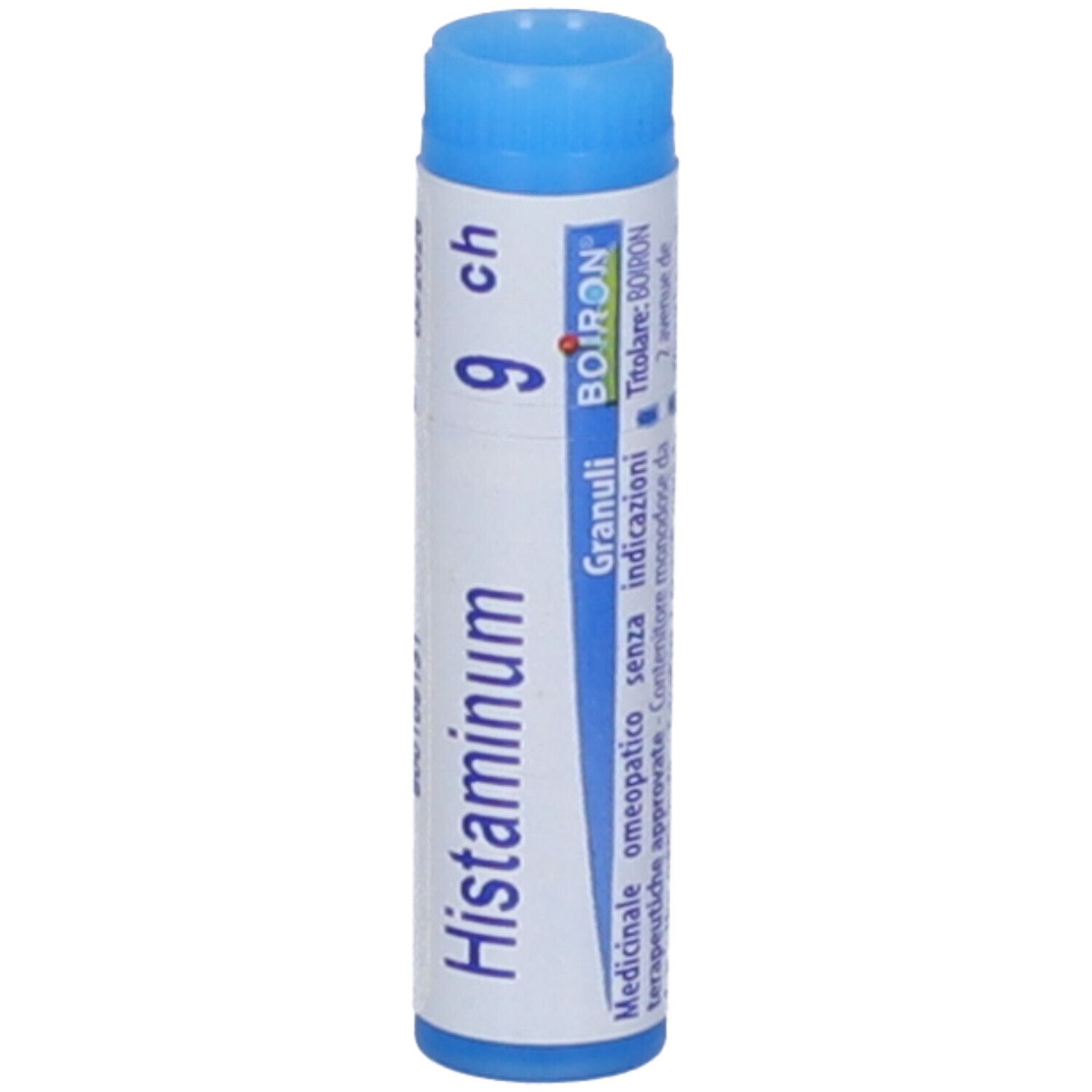 Confezione cilindrica, blu e bianca. Scritta: Histaminum 9 ch, BOIRON, Granuli.