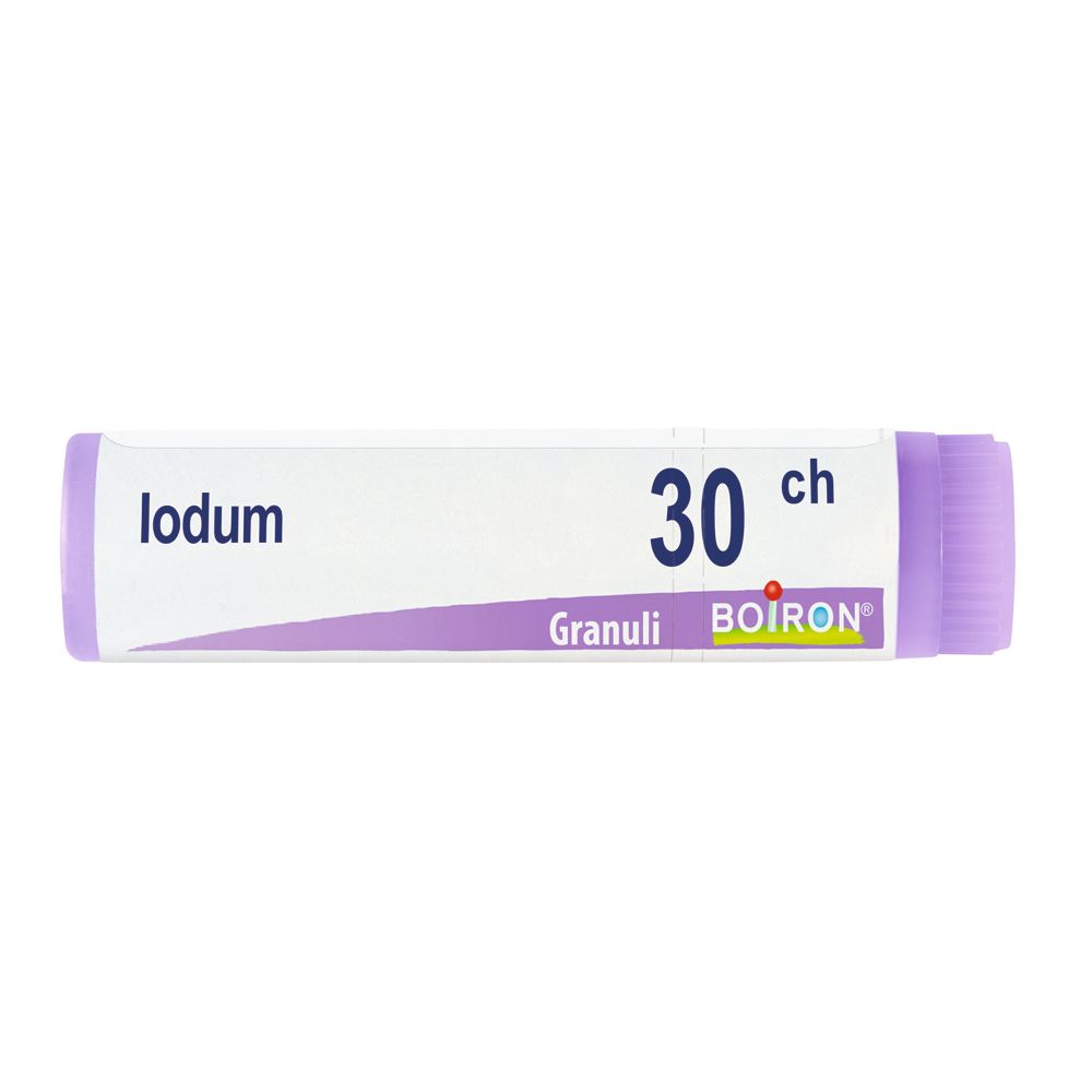 Confezione cilindrica con tappo viola. Scritta: Iodum 30 ch, Granuli, BOIRON.
