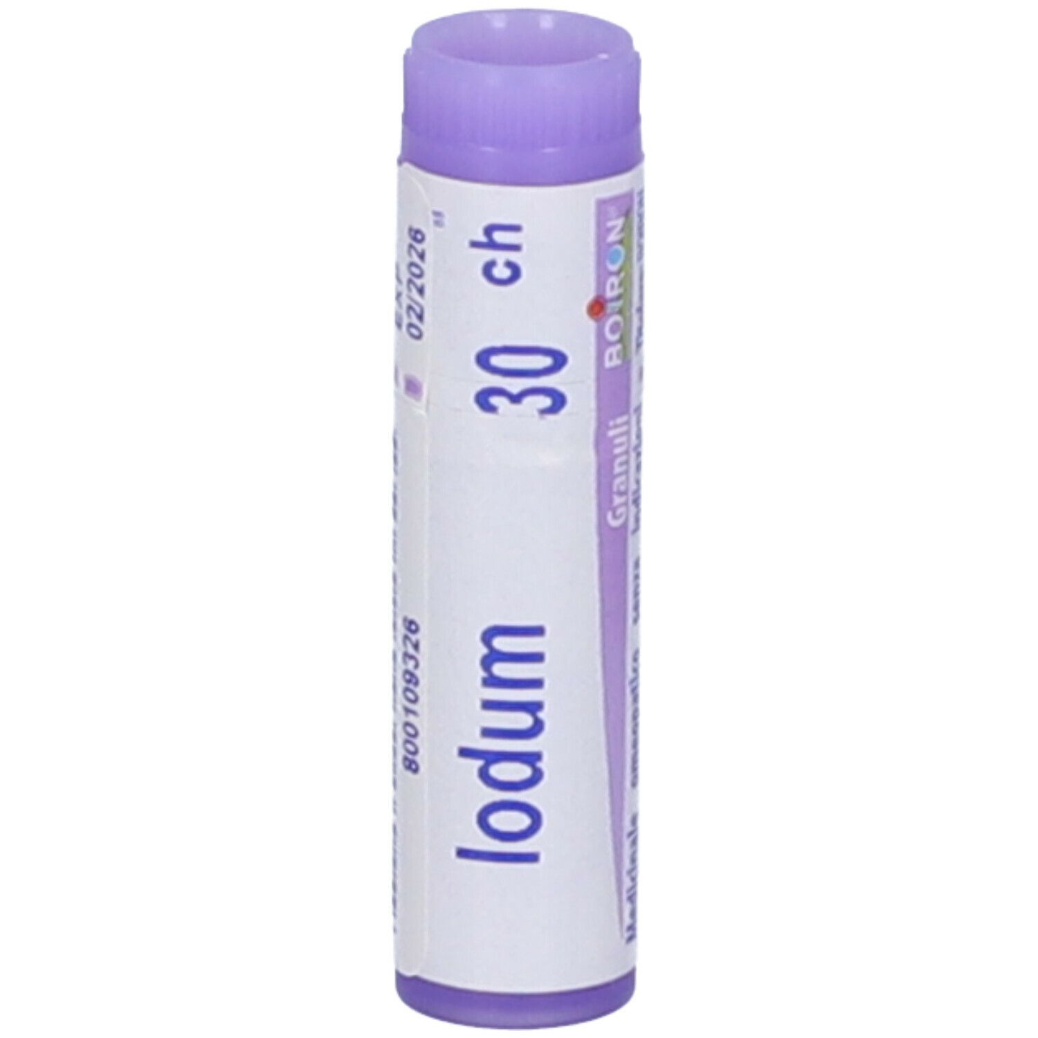 Confezione cilindrica, tappo viola. Scritta: Iodum 30 ch, EXP 02/2026, BOIRON.