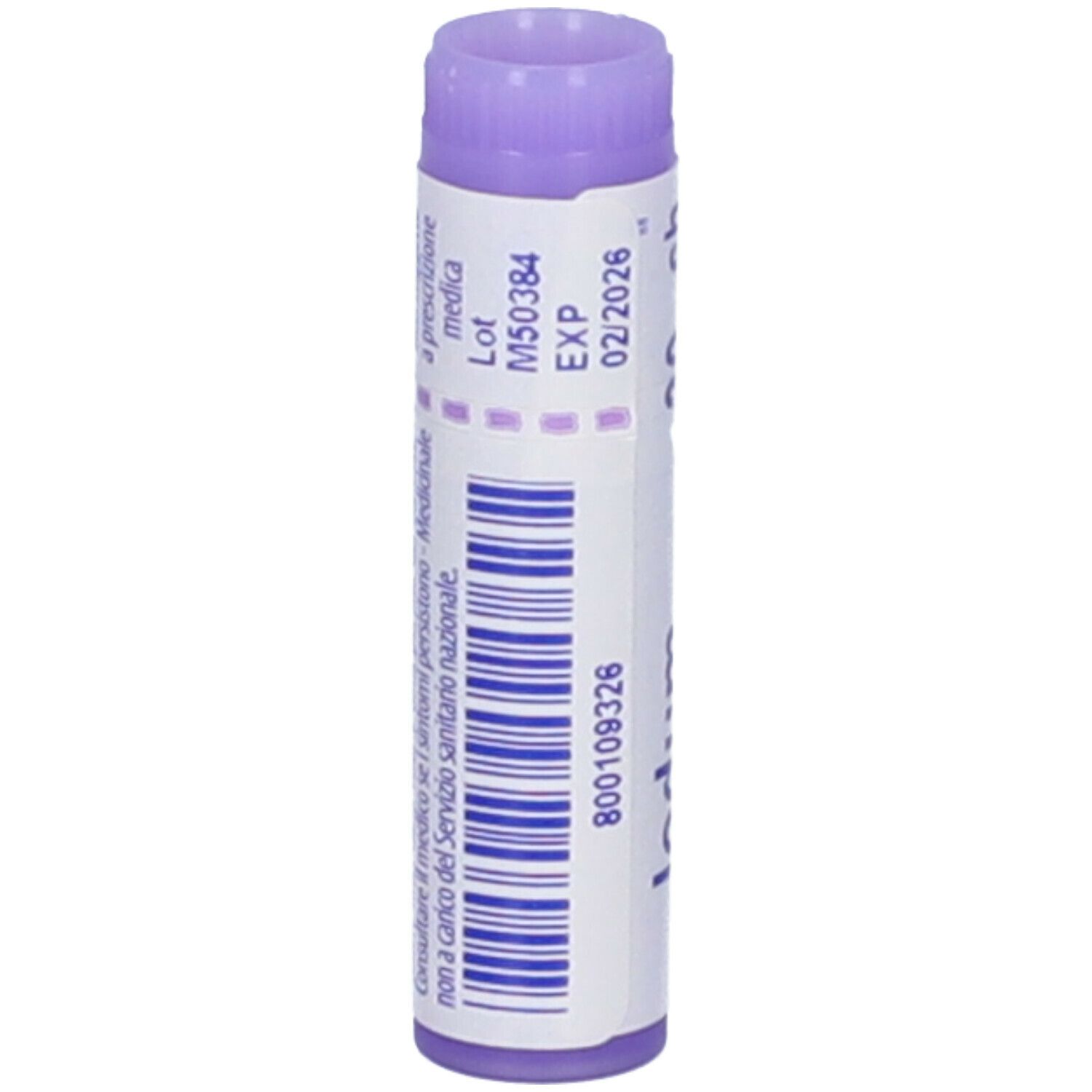 Confezione cilindrica, tappo viola. Scritta: Iodum 30 ch, EXP 02/2026, codice a barre.
