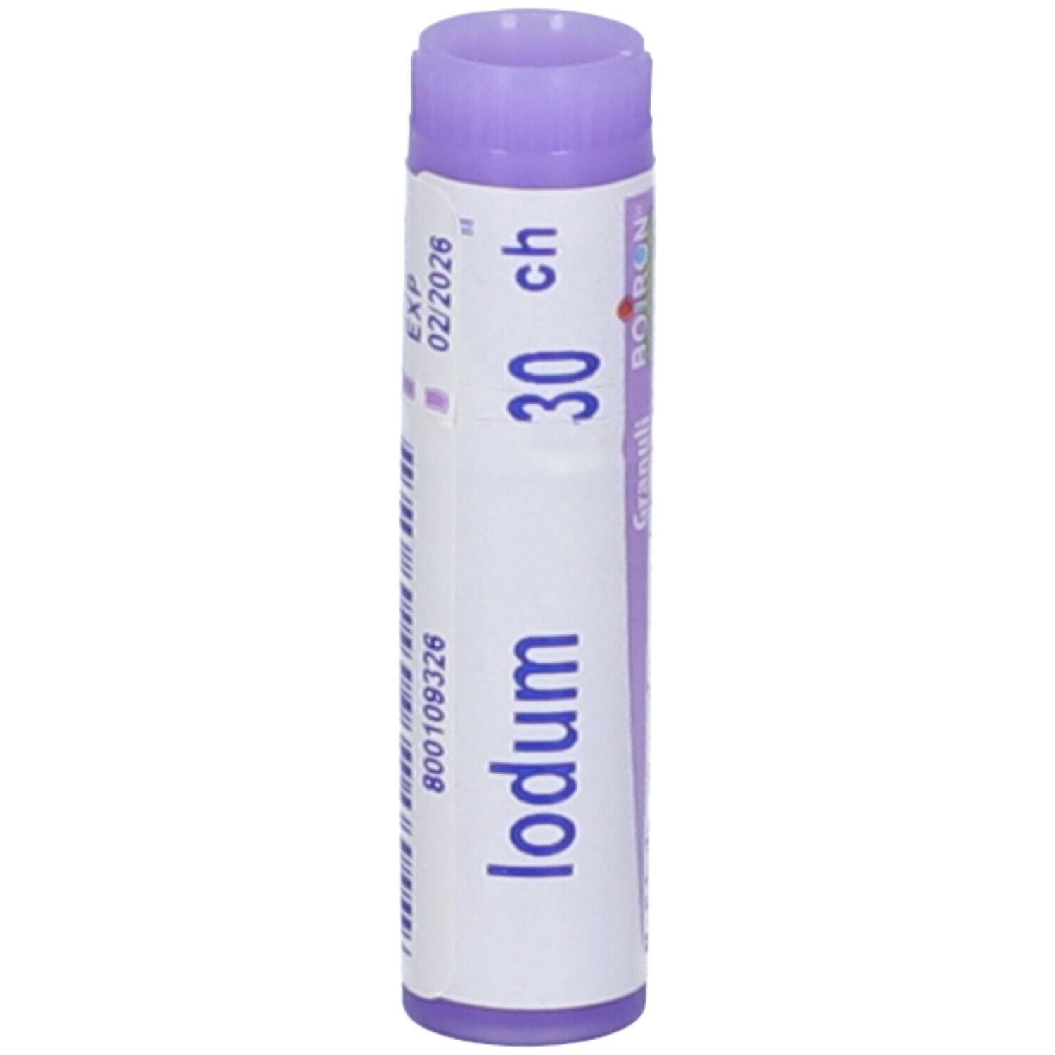 Confezione cilindrica, tappo viola. Scritta: Iodum 30 ch, BOIRON, testo.