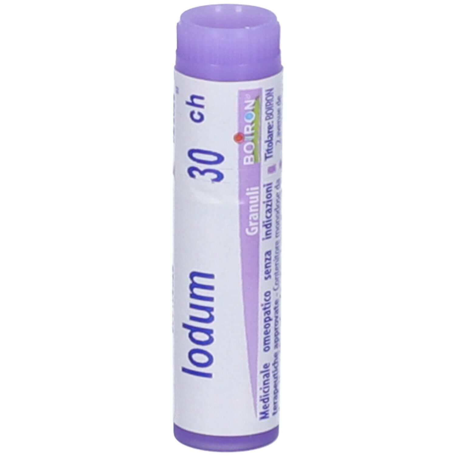 Confezione cilindrica, tappo viola. Scritta: Iodum 30 ch, BOIRON, Granuli.