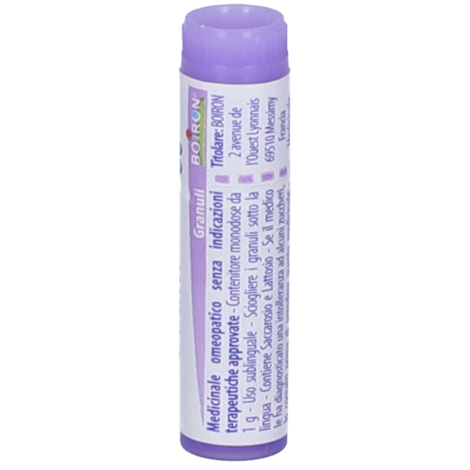 Confezione cilindrica, tappo viola. Scritta: Iodum 30 ch, BOIRON, Granuli, testo.