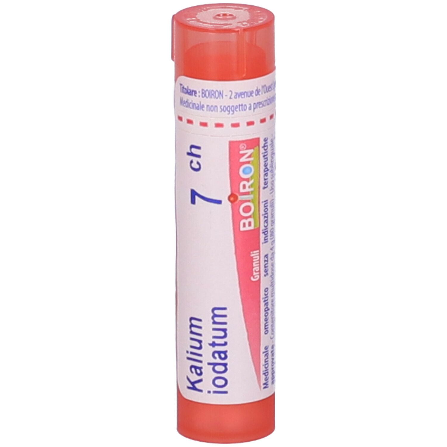 Confezione cilindrica con tappo rosa. Scritta: Kalium iodatum, 7 ch, BOIRON, Granuli.