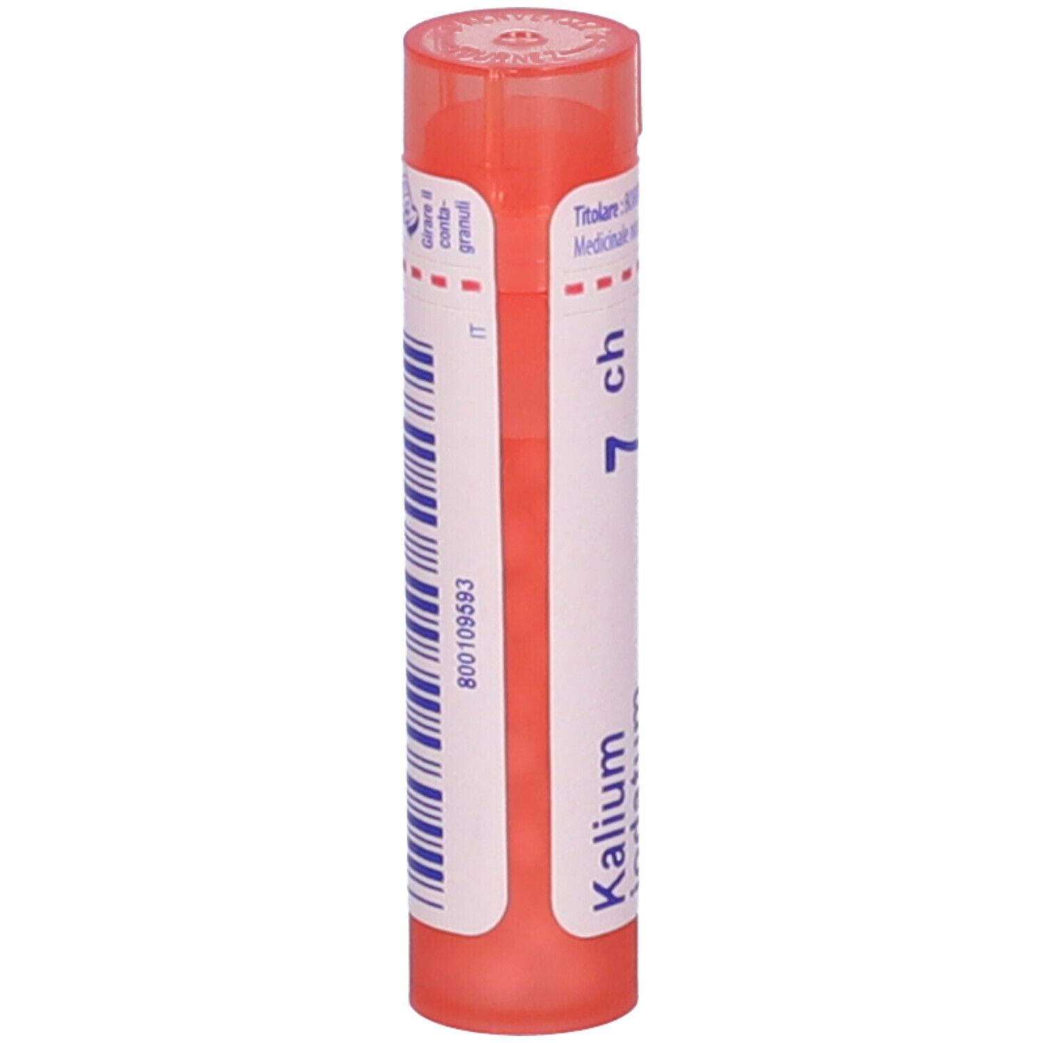 Confezione cilindrica con tappo rosa. Scritta: Kalium iodatum, 7 ch.