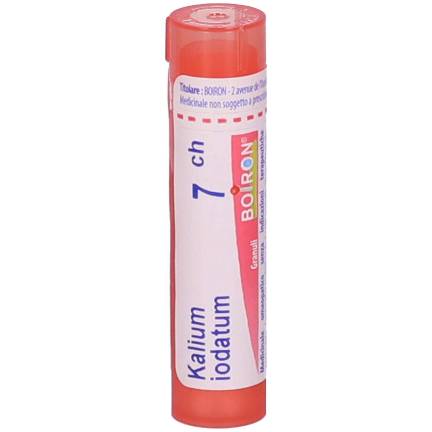 Confezione cilindrica con tappo rosa. Scritta: Kalium iodatum, 7 ch, BOIRON, Granuli.