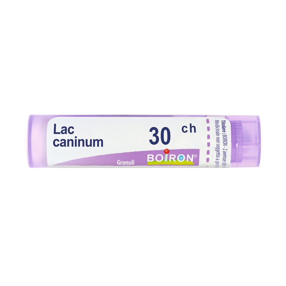 Confezione cilindrica di BOIRON® Lac caninum 30 CH Granuli. Scritta viola su sfondo bianco. Tappo e base viola.