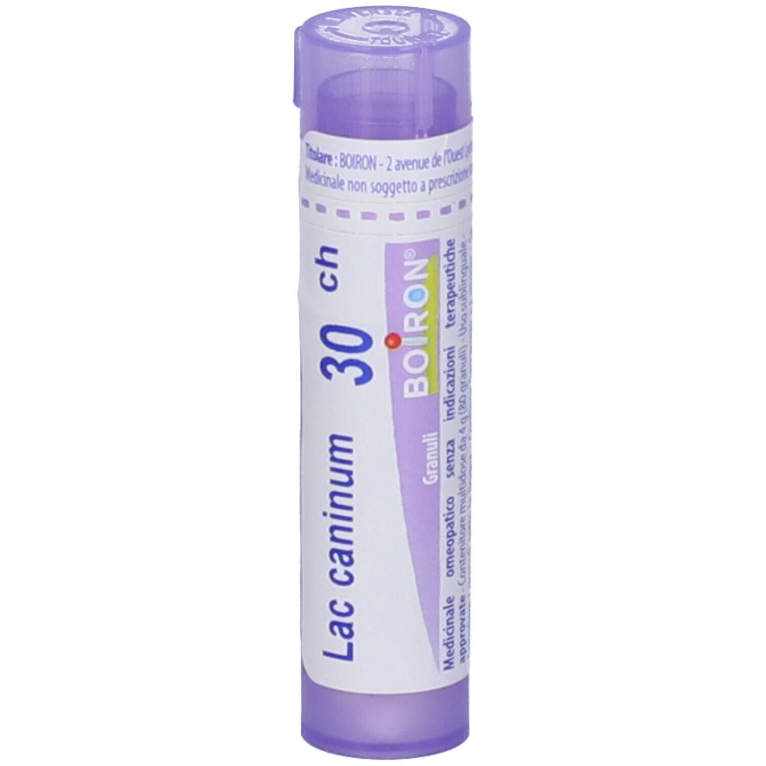 Confezione cilindrica BOIRON® Lac caninum 30 CH Granuli. Scritta viola su etichetta bianca. Tappo viola. Vista verticale.