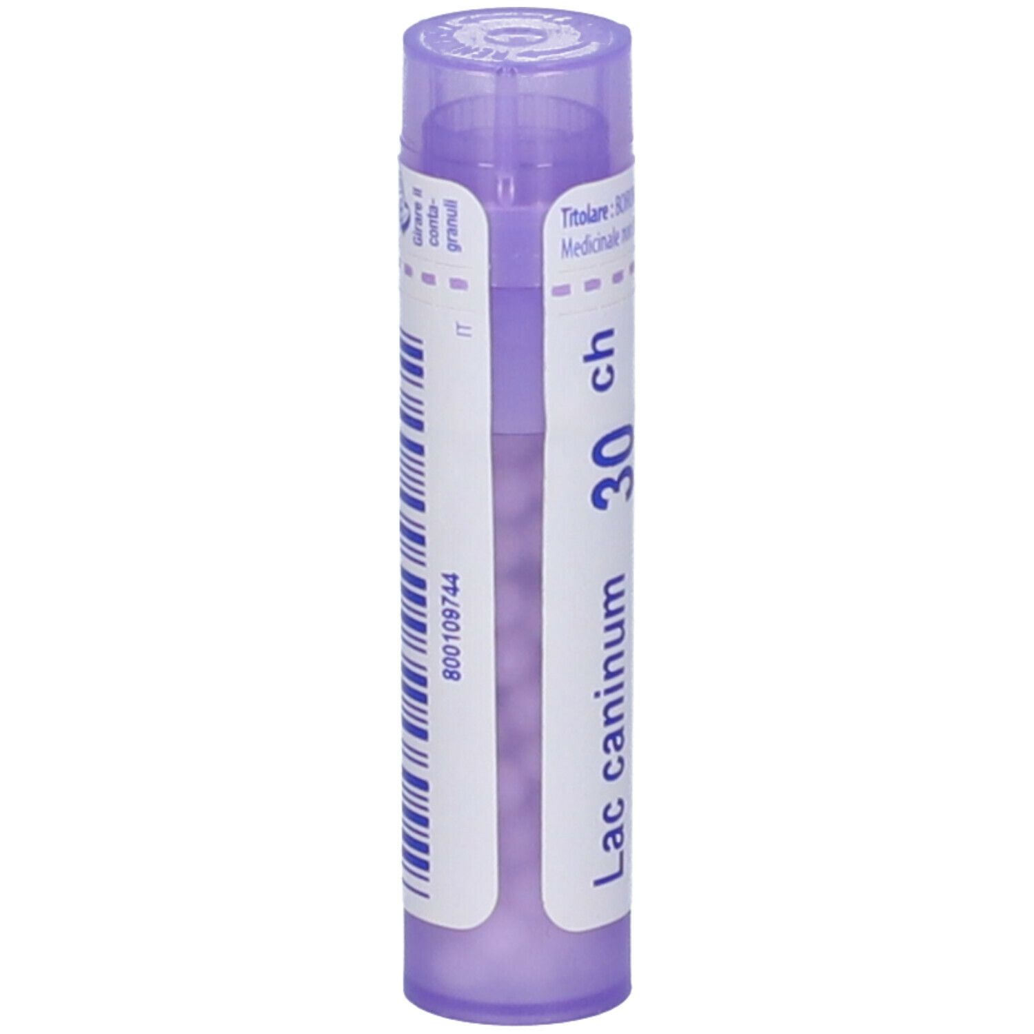 Confezione cilindrica BOIRON® Lac caninum 30 CH Granuli. Etichetta bianca con codice a barre. Tappo viola. Vista verticale.