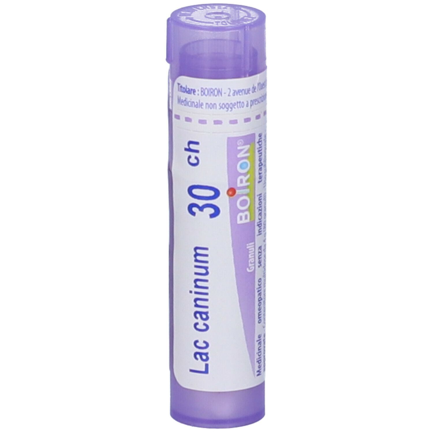 Confezione cilindrica BOIRON® Lac caninum 30 CH Granuli. Scritta viola su etichetta bianca. Tappo viola. Vista verticale.