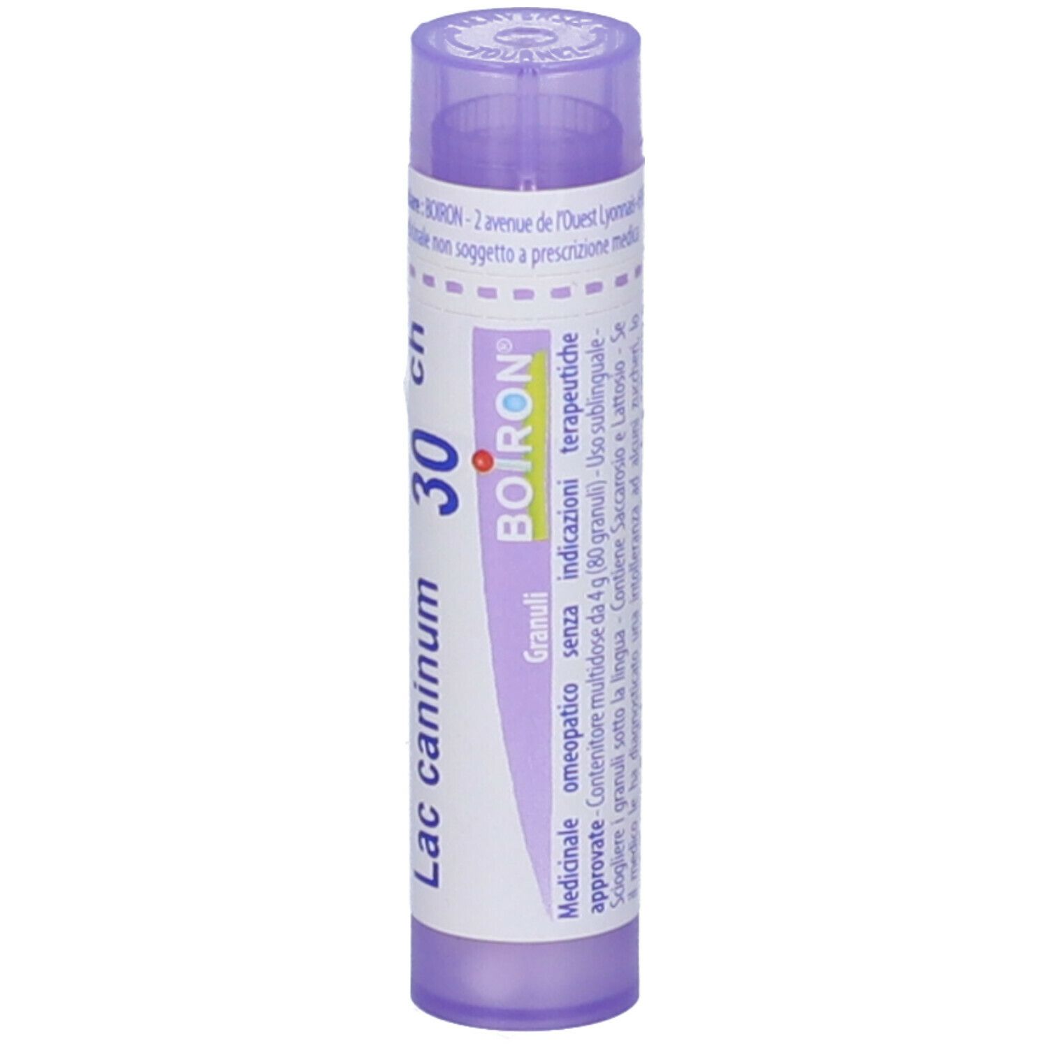 Confezione cilindrica BOIRON® Lac caninum 30 CH Granuli. Scritta viola su etichetta bianca. Tappo viola. Vista verticale.