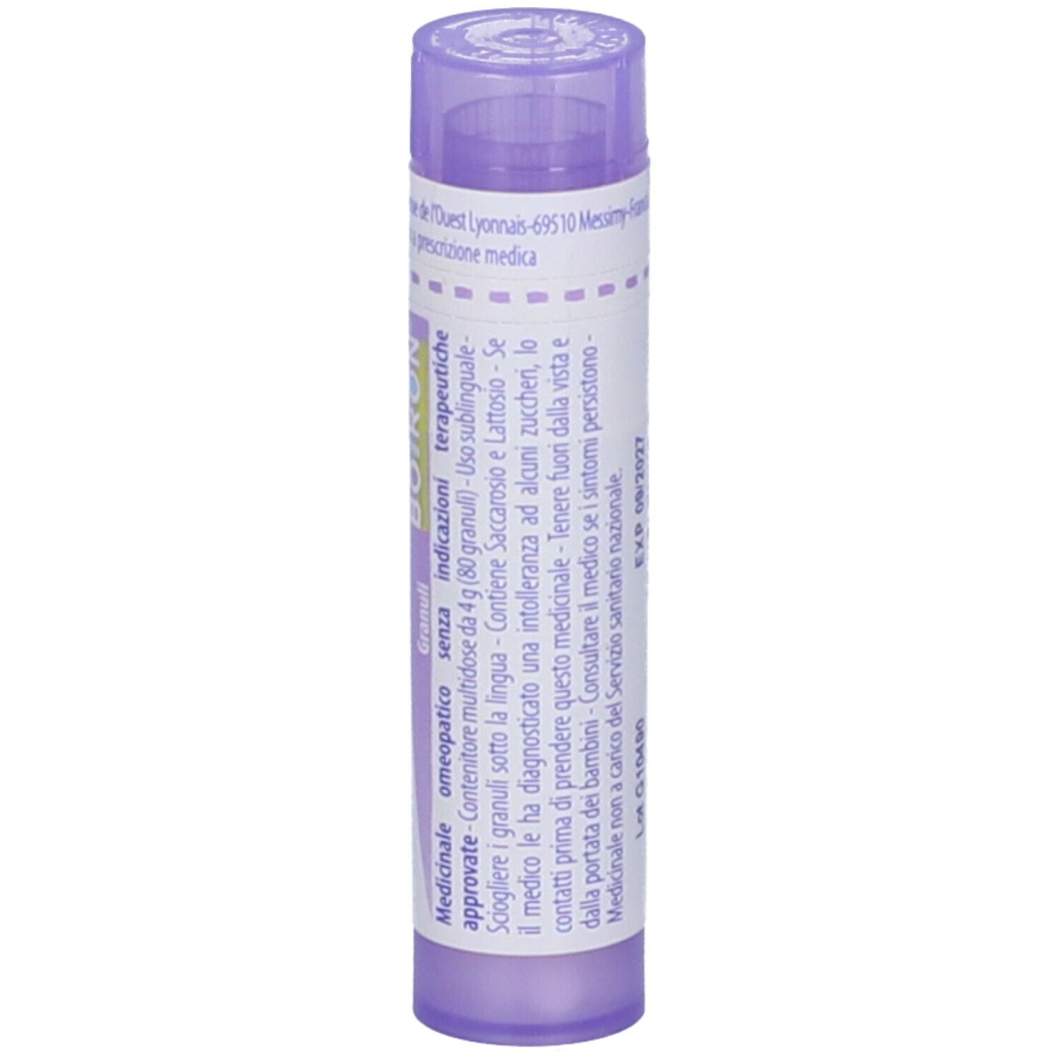 Confezione cilindrica BOIRON® Lac caninum 30 CH Granuli. Scritta viola su etichetta bianca. Tappo viola. Vista verticale.
