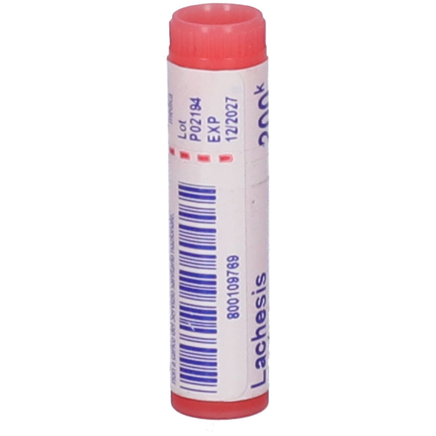 Confezione cilindrica, tappo rosso. Scritta: Lachesis, 200 K, EXP 12/2027, Codice a barre, Lotto P02194.