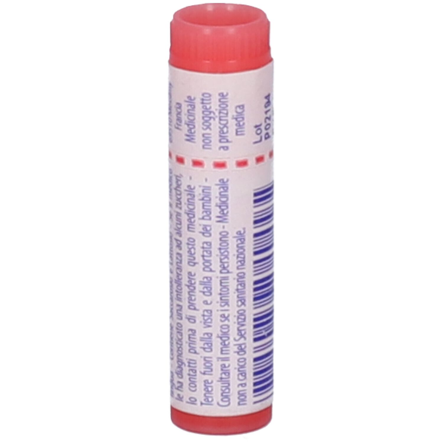 Confezione cilindrica, tappo rosso. Testo: Medicinale, non soggetto a prescrizione. Avvertenza.