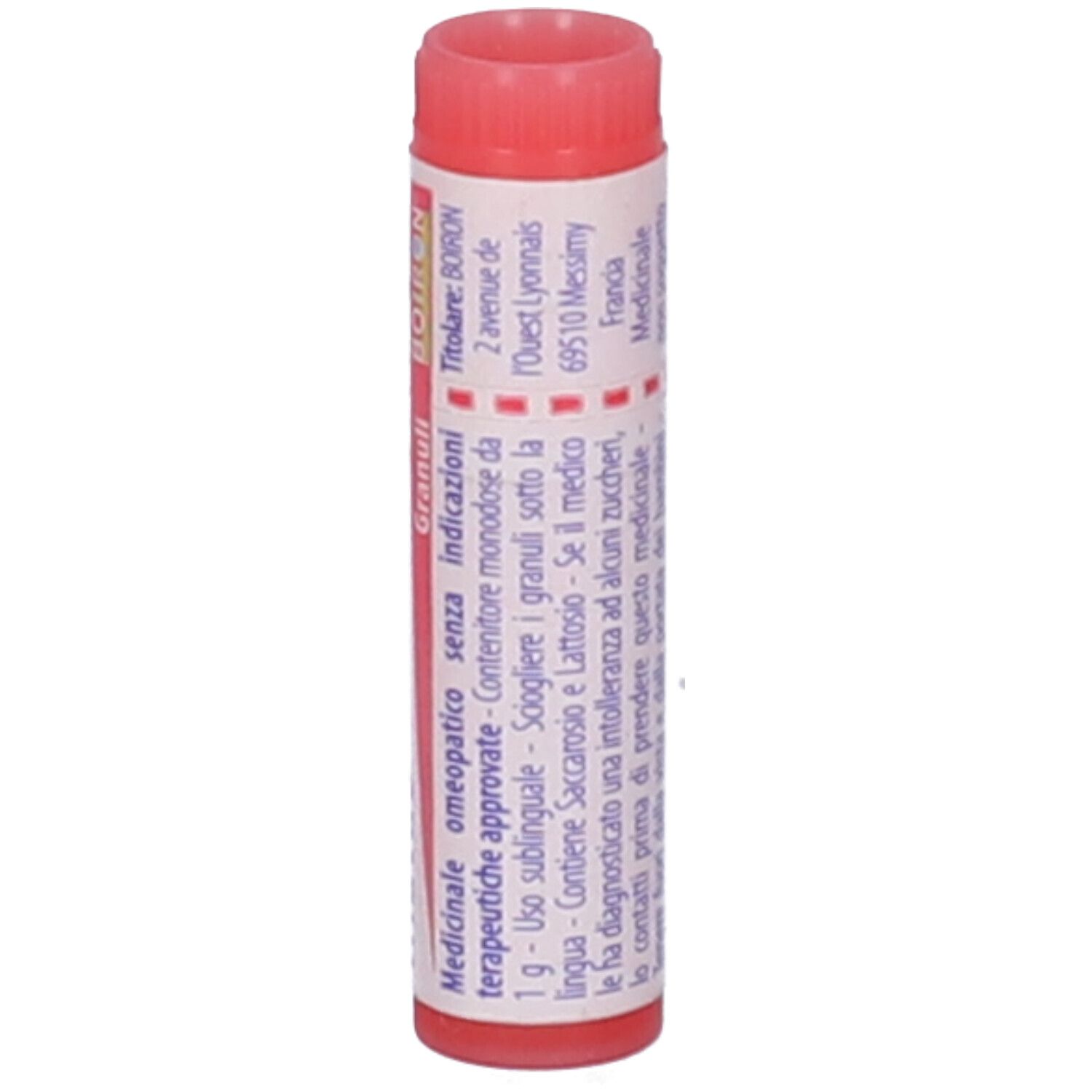 Confezione cilindrica, tappo rosso. Testo: Medicinale omeopatico senza indicazioni. Indirizzo BOIRON.
