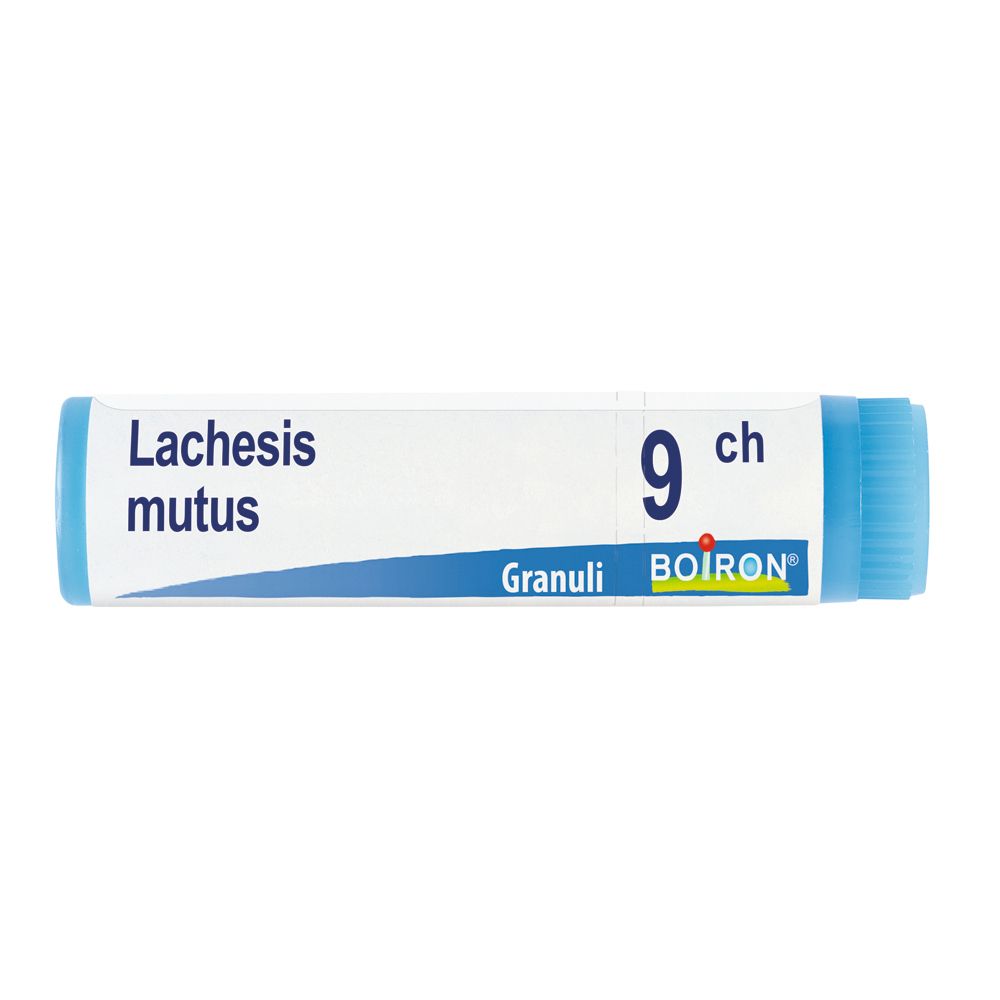Confezione cilindrica con tappo blu. Scritta: Lachesis mutus 9 ch, Granuli, BOIRON.