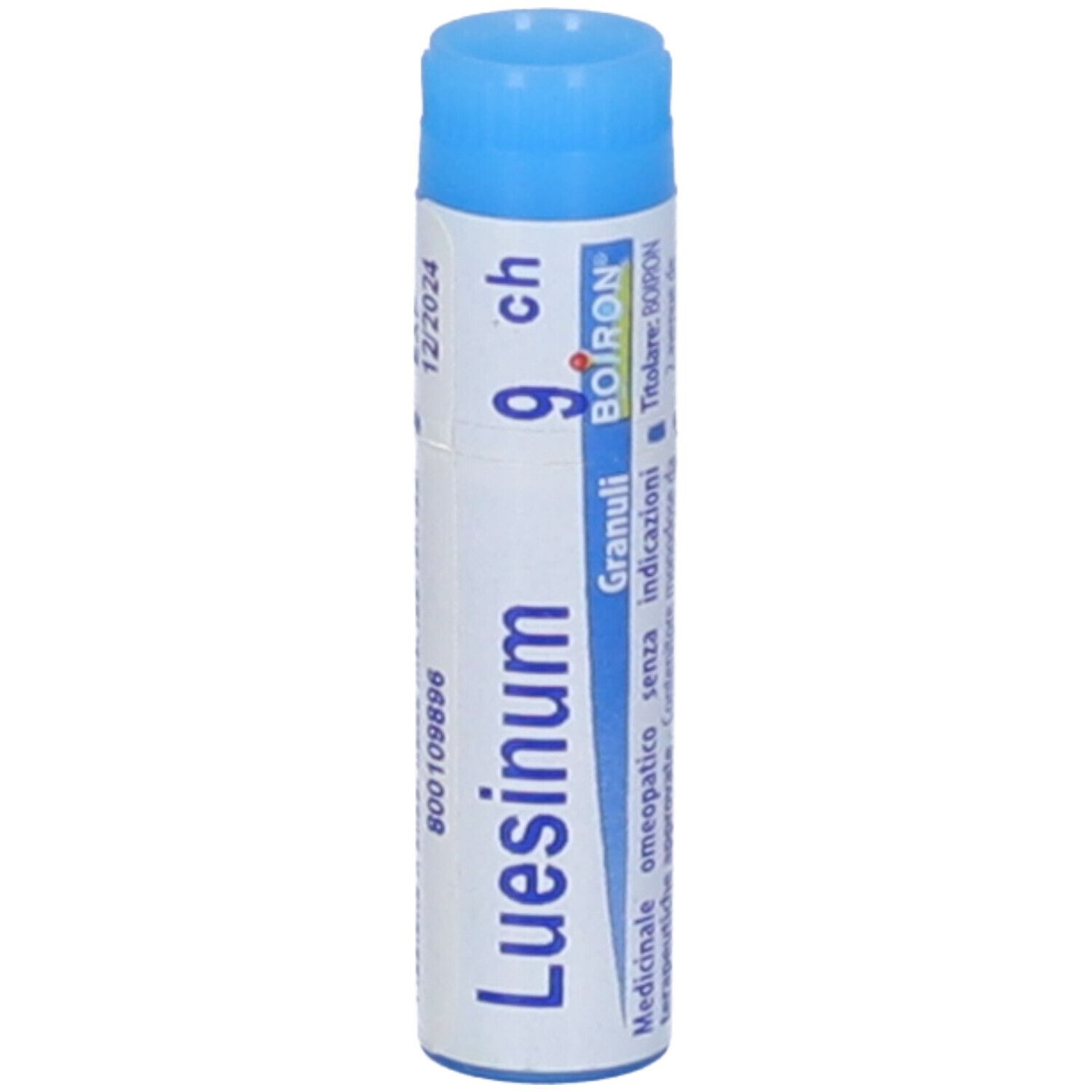 Confezione cilindrica blu. Scritta: Luesinum 9 ch, Granuli, Boiron. Scadenza 12/2024.
