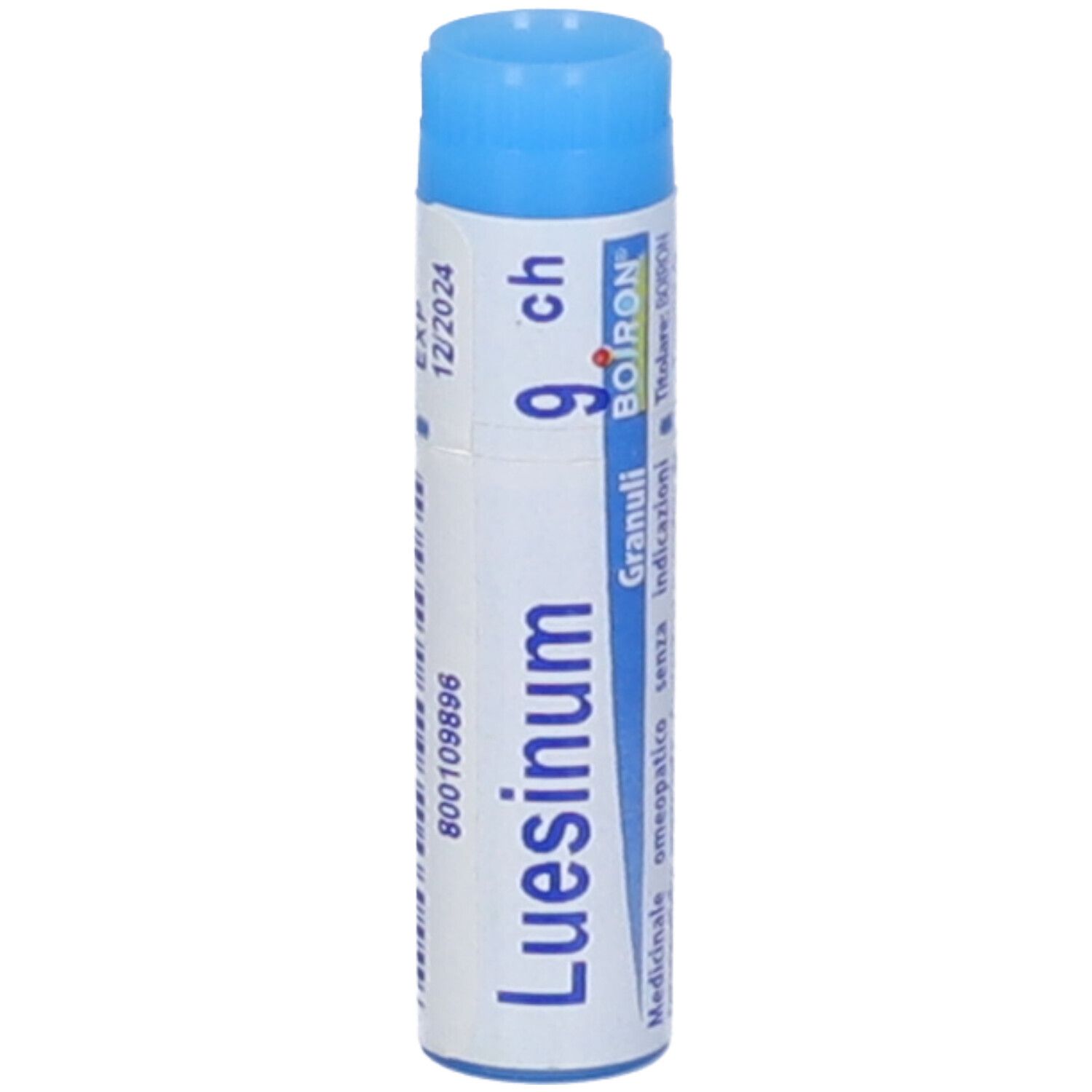 Confezione cilindrica blu. Scritta: Luesinum 9 ch, Granuli, Boiron. Scadenza 12/2024.
