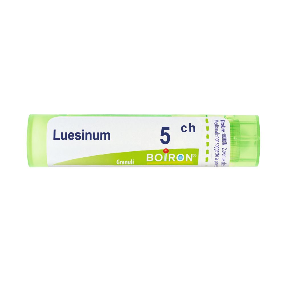Confezione cilindrica con scritta "Luesinum 5 ch" e logo Boiron. Design verde e bianco.