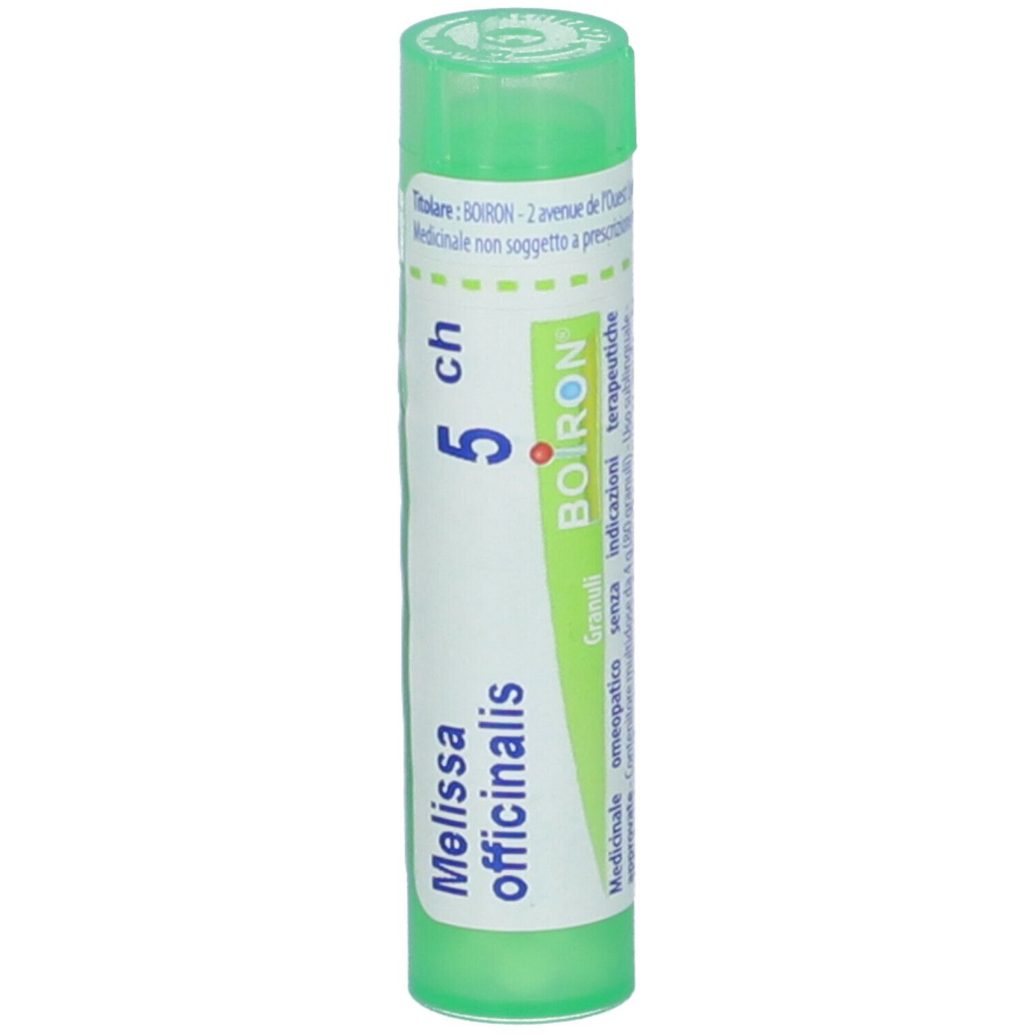 Confezione cilindrica verde. Scritta: Melissa officinalis, 5 ch, Boiron. Granuli. Medicinale.