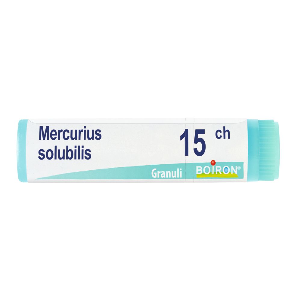 Tubo cilindrico con tappo azzurro. Scritta: Mercurius solubilis 15 ch, Granuli, Boiron.