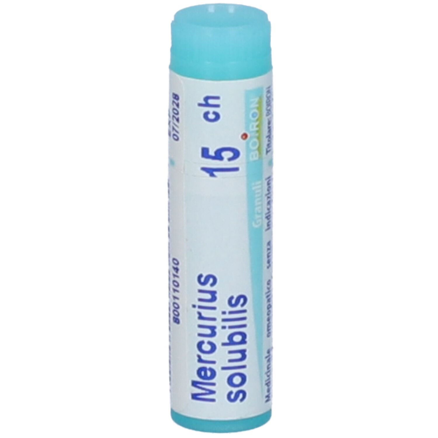Tubo cilindrico con tappo azzurro. Scritta: Mercurius solubilis 15 ch, Granuli. Data di scadenza.