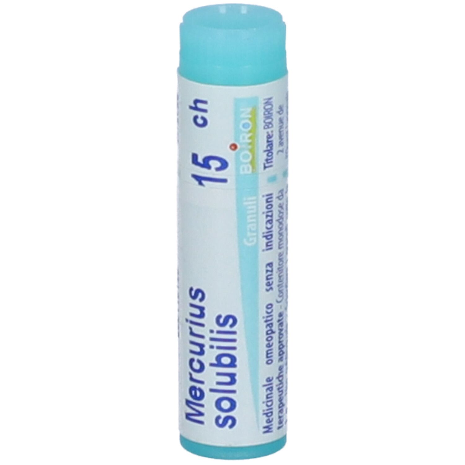 Tubo cilindrico con tappo azzurro. Scritta: Mercurius solubilis, 15 ch, Granuli, Boiron. Ulteriori informazioni.