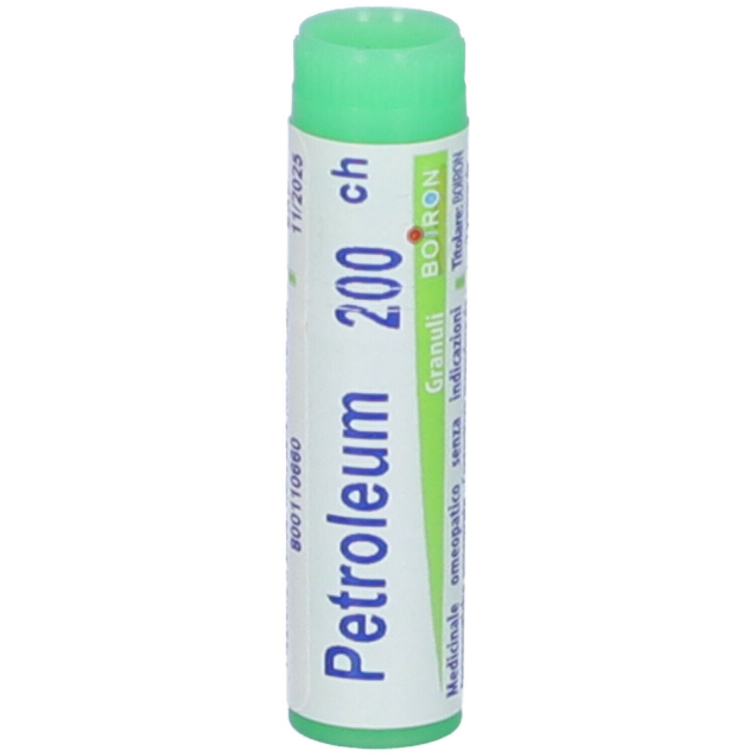 Tubo cilindrico con tappo verde. Scritta: Petroleum 200 ch, BOIRON, 11/2025.