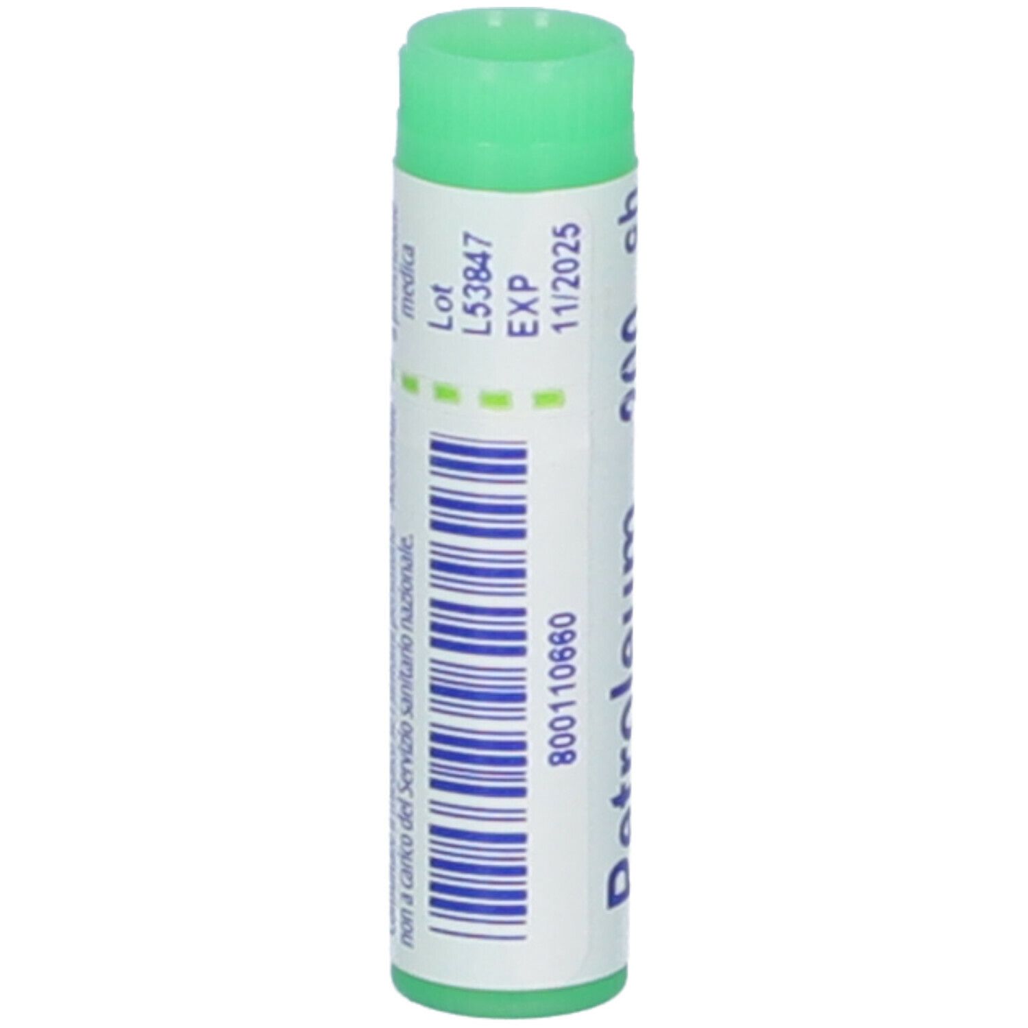Tubo cilindrico con tappo verde. Scritta: Petroleum 200 ch, BOIRON, 11/2025, N. lotto.