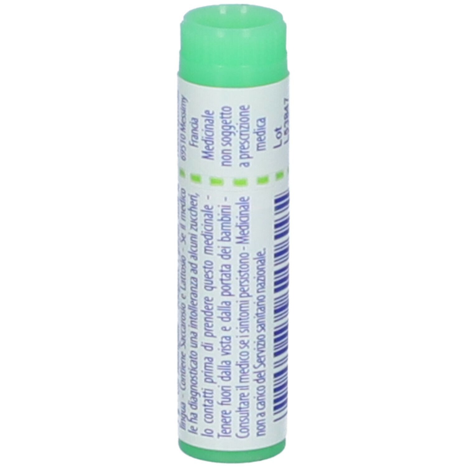 Tubo cilindrico con tappo verde. Scritta: Petroleum 200 ch, BOIRON, 11/2025, N. lotto, testo.