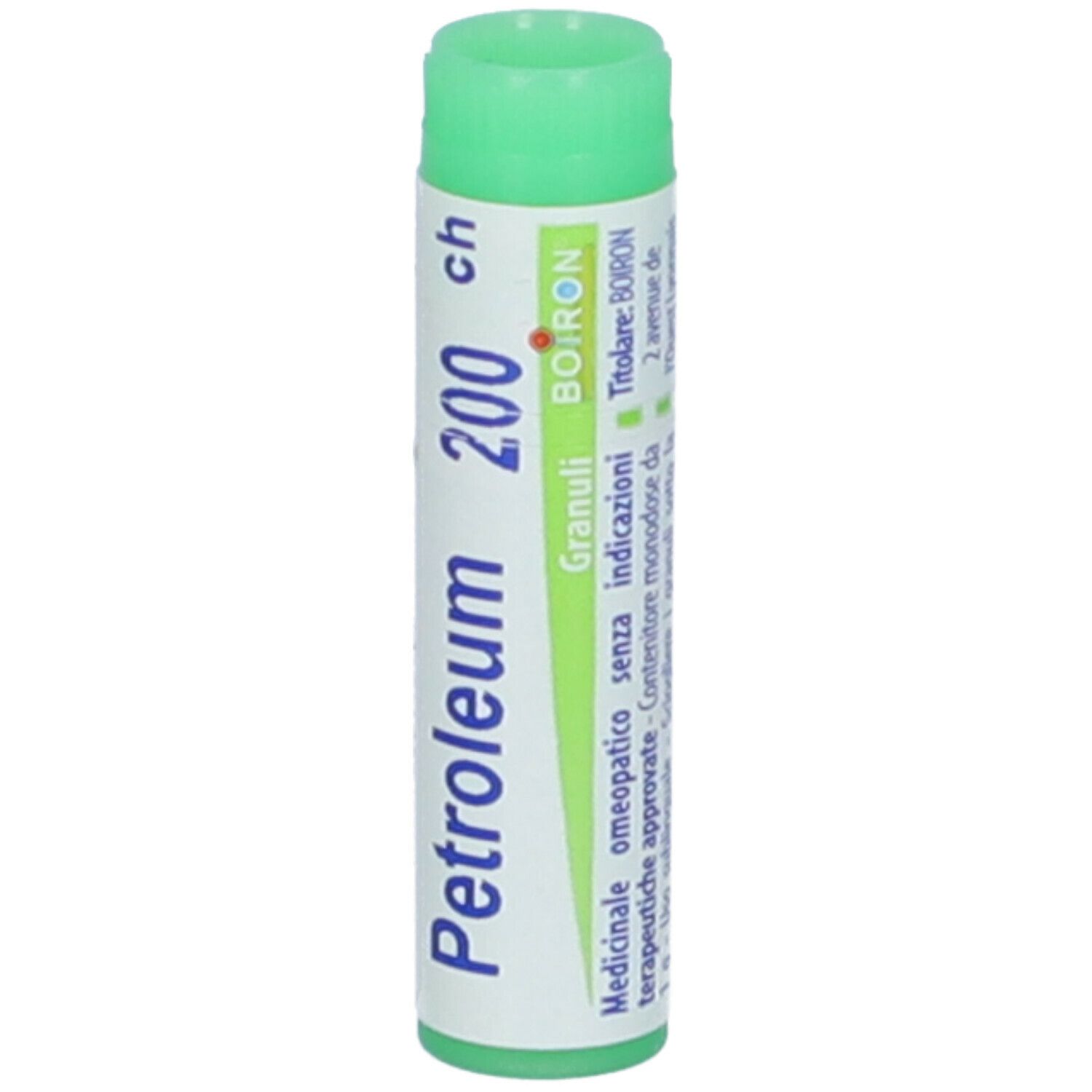 Tubo cilindrico con tappo verde. Scritta: Petroleum 200 ch, BOIRON, Granuli, Indicazioni.