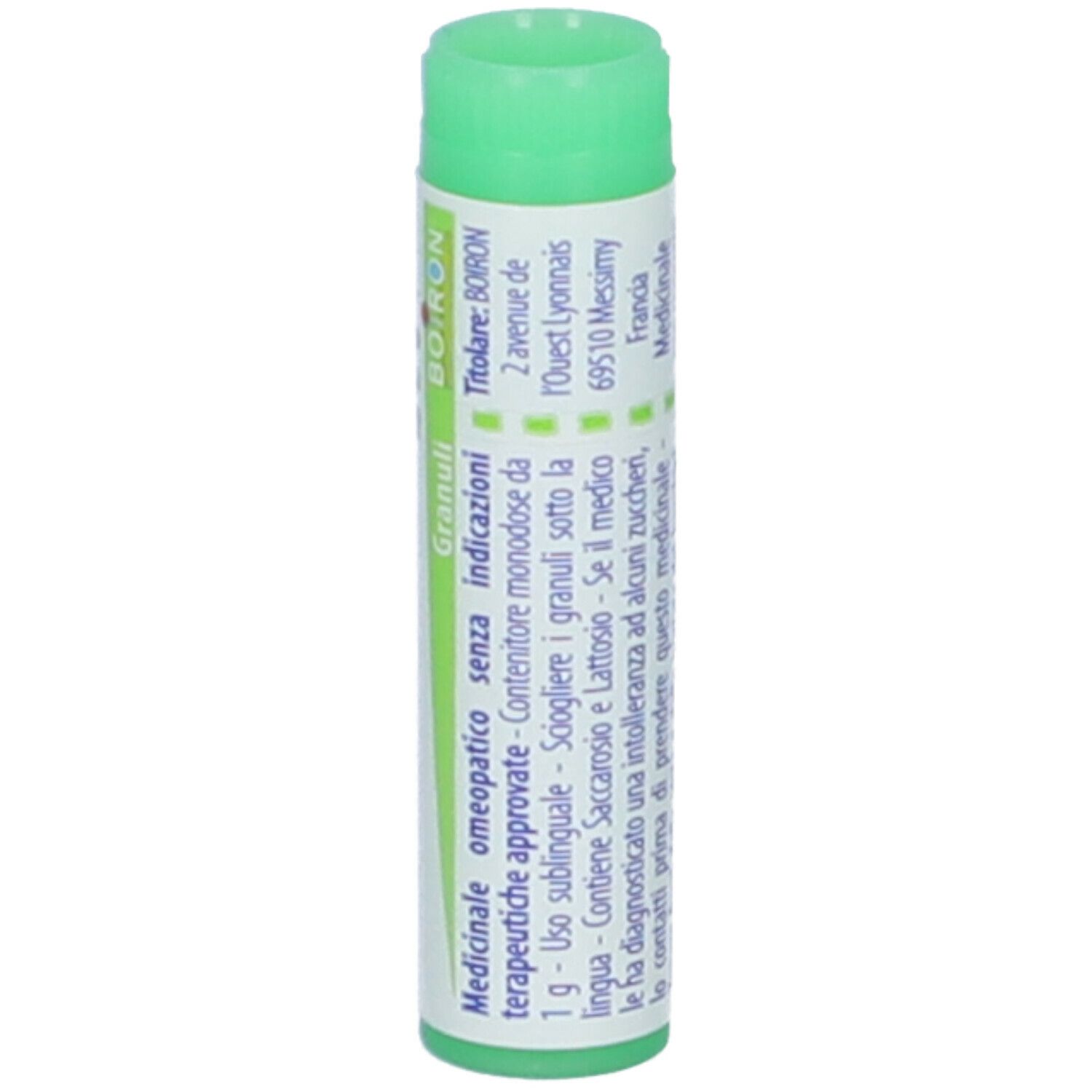 Tubo cilindrico con tappo verde. Scritta: Petroleum 200 ch, BOIRON, indirizzo, testo.