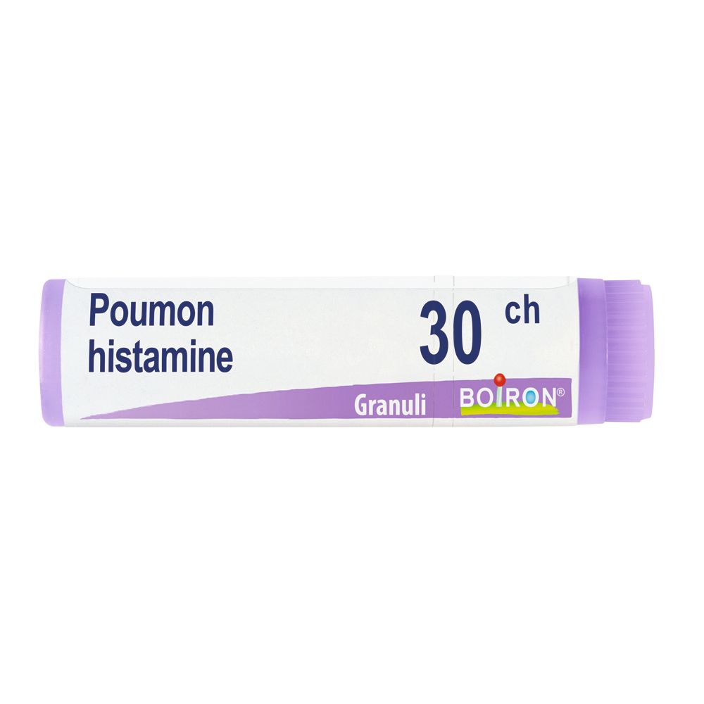 Confezione cilindrica con scritta "Poumon histamine 30 ch Granuli Boiron". Tappo lilla.