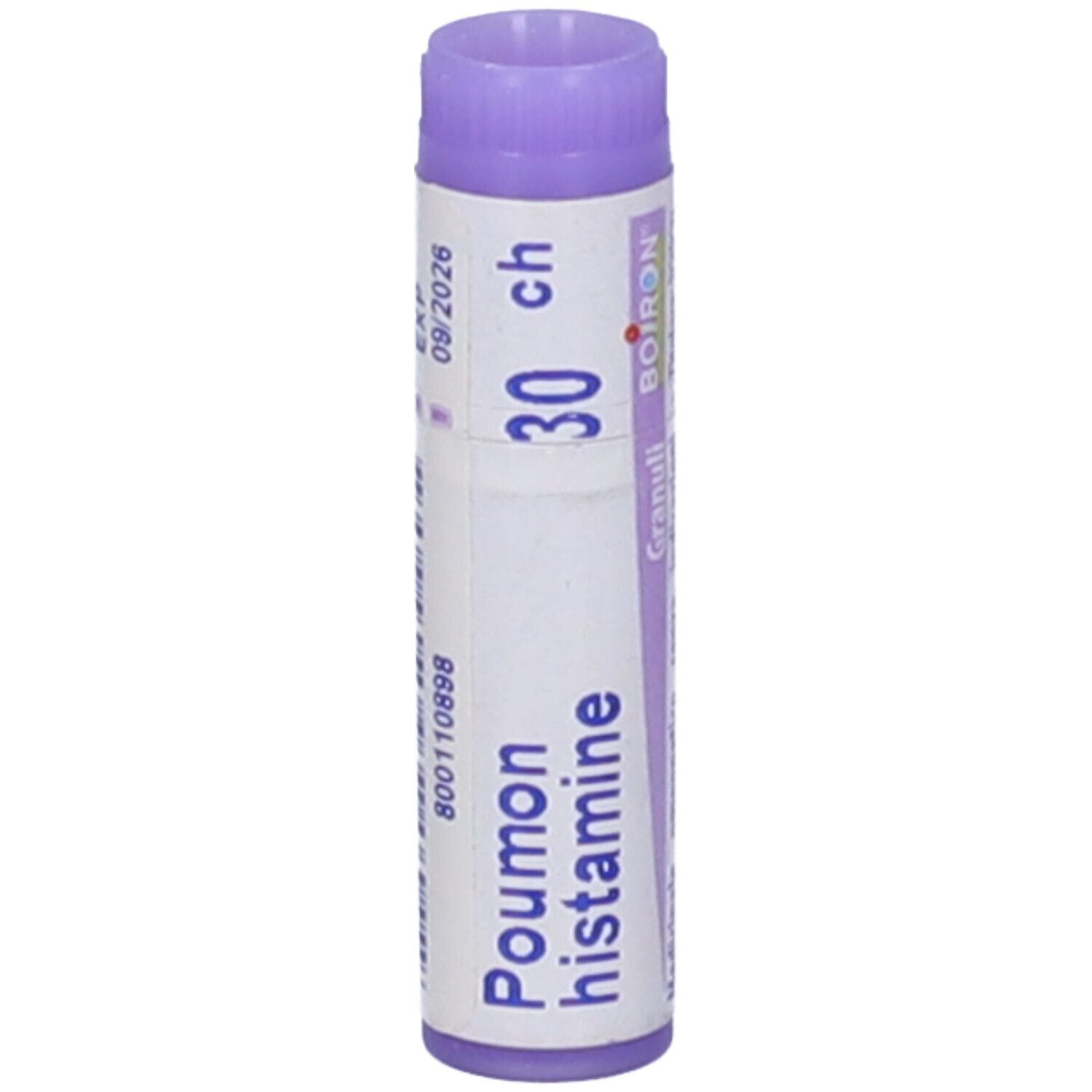 Confezione cilindrica con "Poumon histamine 30 ch". Tappo lilla. Data di scadenza e numero di lotto.