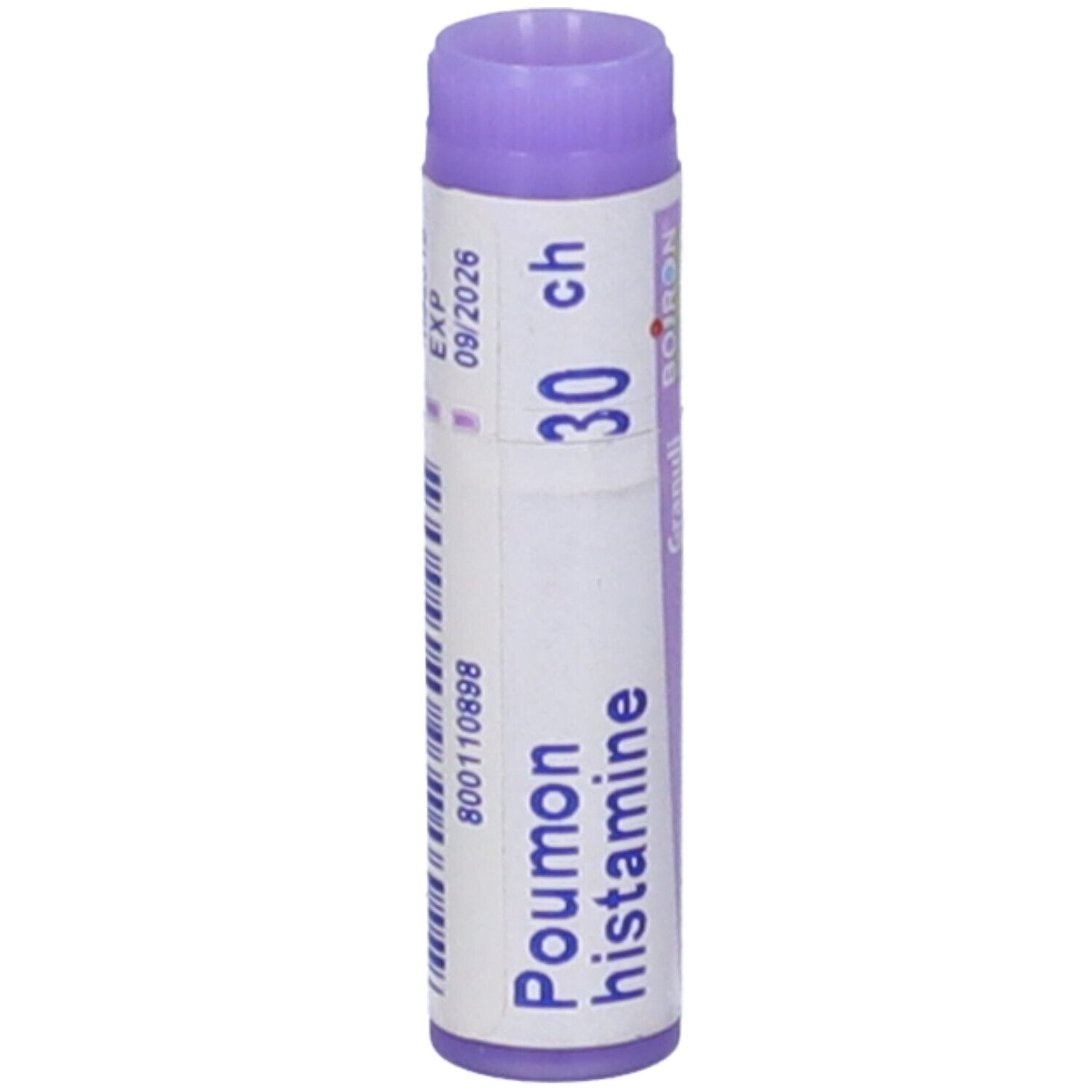 Confezione cilindrica con "Poumon histamine 30 ch". Tappo lilla. Data di scadenza visibile.