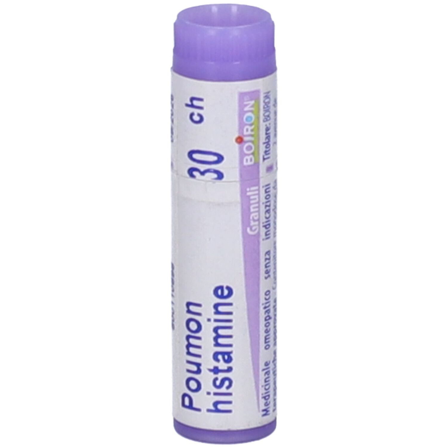 Confezione cilindrica con "Poumon histamine 30 ch". Tappo lilla. Dettaglio delle informazioni.