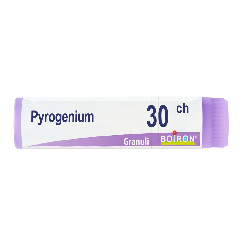 Confezione cilindrica "Pyrogenium 30 ch". Logo Boiron. Tappo e testo viola.