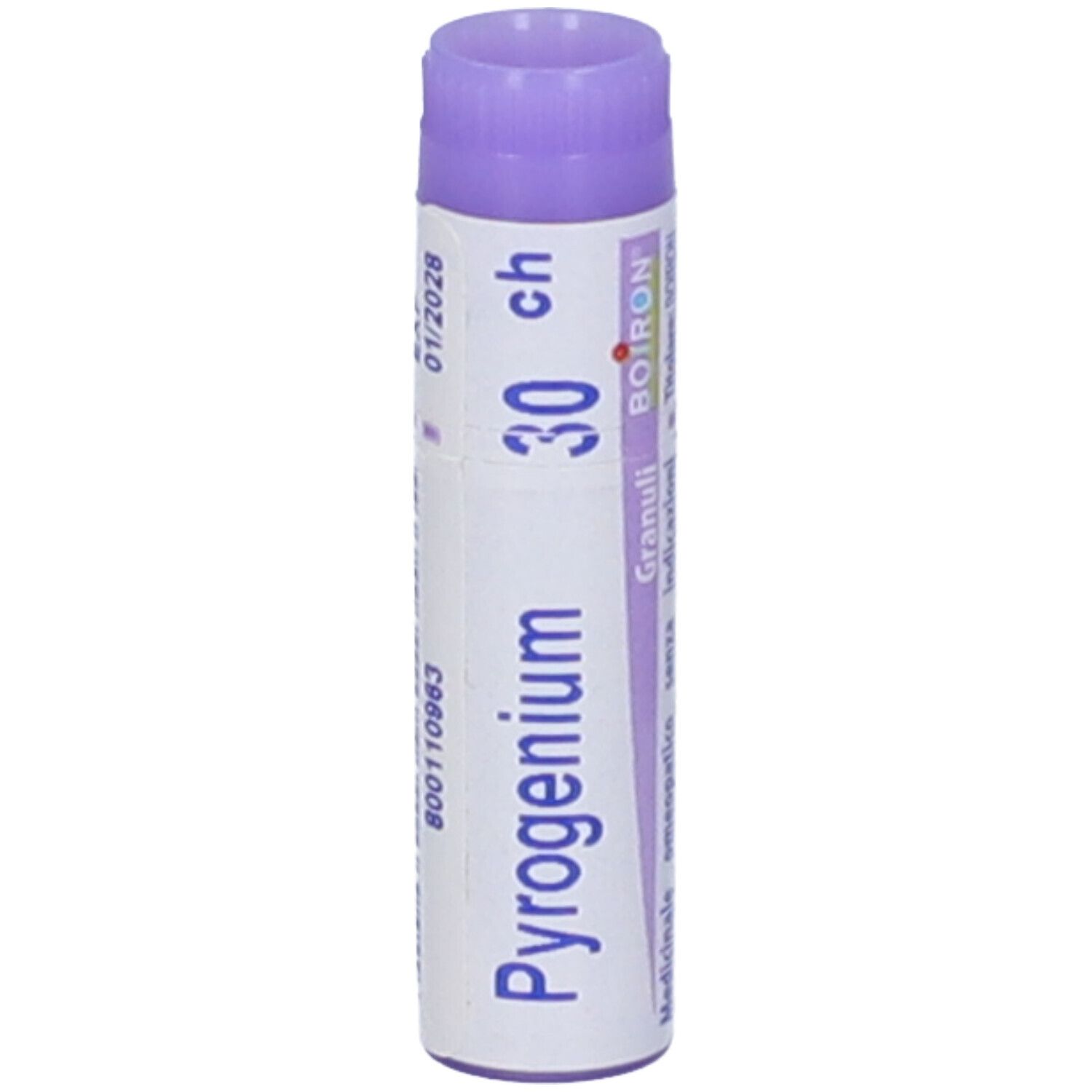 Confezione cilindrica "Pyrogenium 30 ch". Tappo viola. Stampe: "Boiron", "Granuli", scadenza.