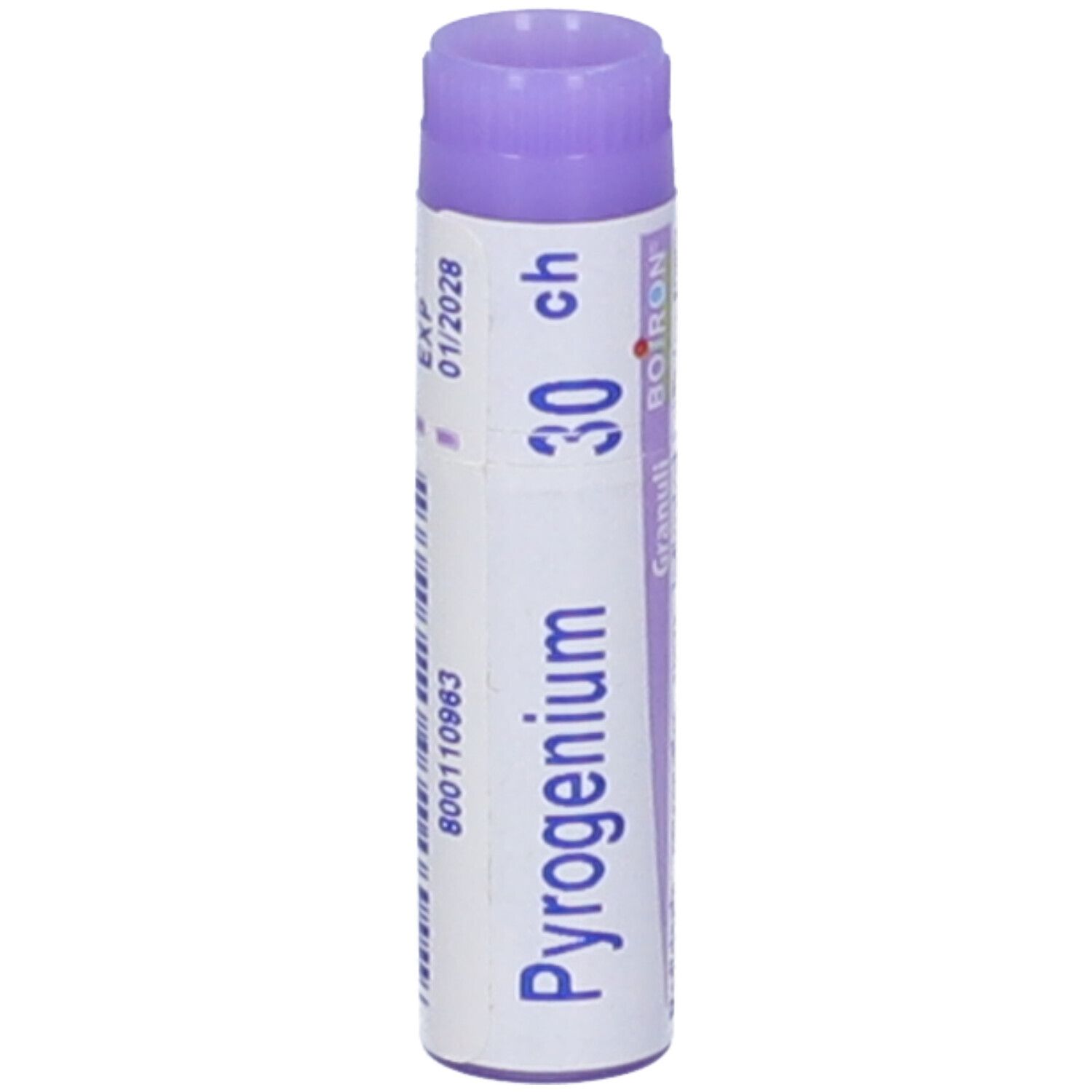 Confezione cilindrica "Pyrogenium 30 ch". Tappo viola. Stampe: "Boiron", "Granuli", scadenza.