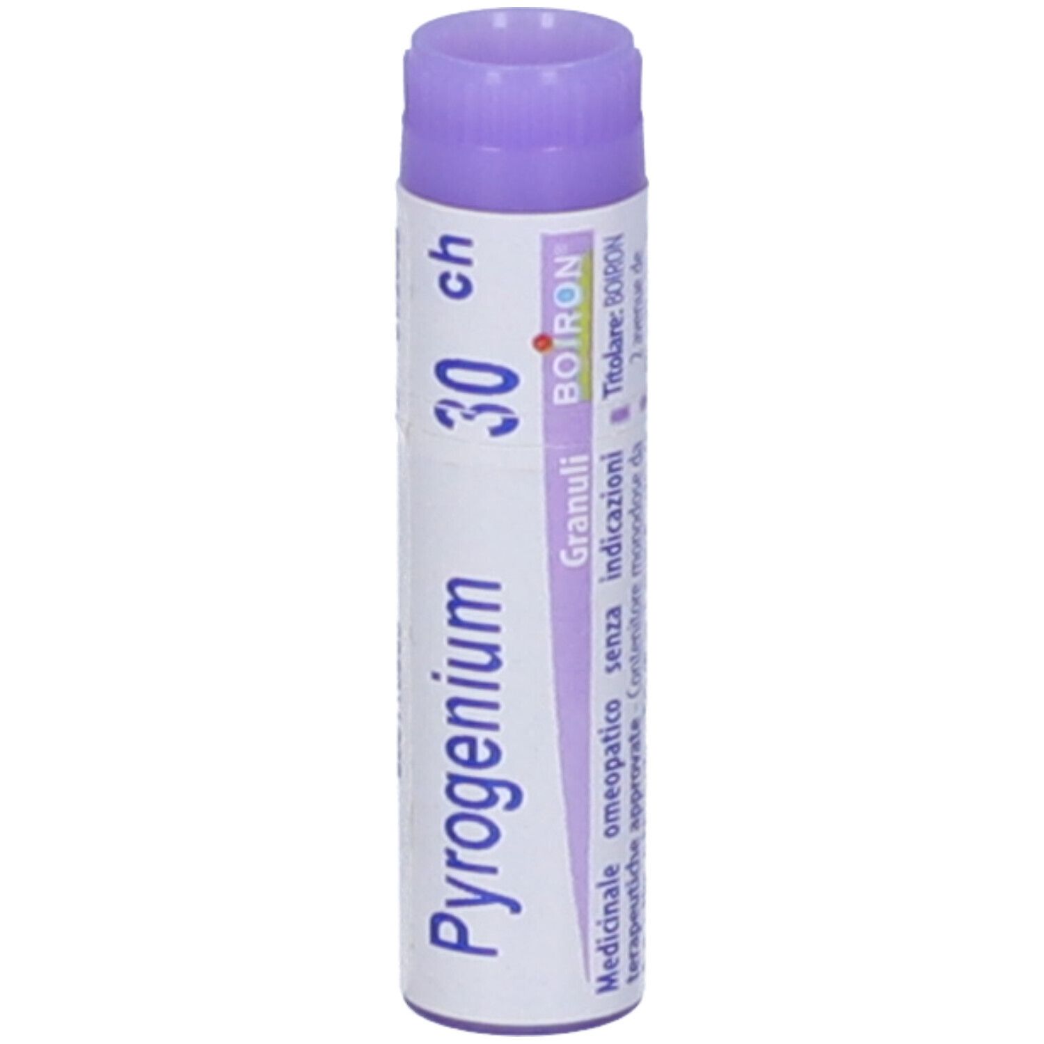 Confezione cilindrica "Pyrogenium 30 ch". Tappo viola. Stampe: "Boiron", "Granuli", indicazioni mediche.