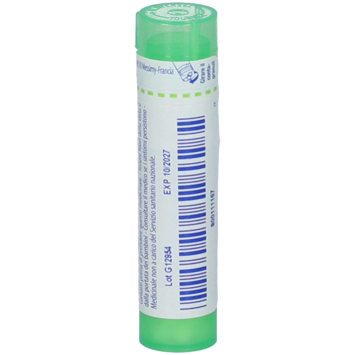 Cilindro verde con etichetta bianca. Scritta: EXP 10/2027. Tappo verde. Codice a barre.