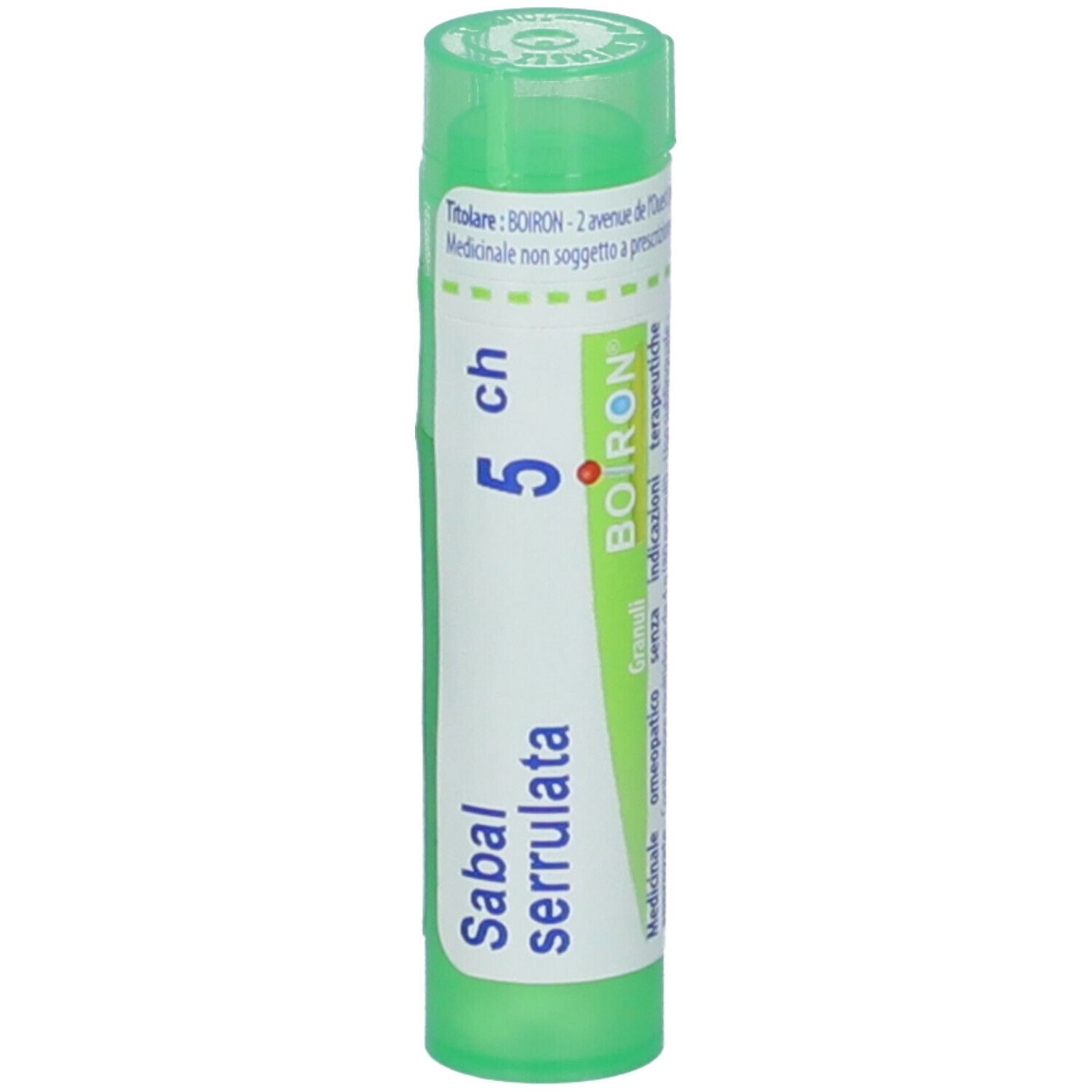 Cilindro verde con etichetta bianca. Scritta: Sabal serrulata, 5 ch, BOIRON. Tappo verde.