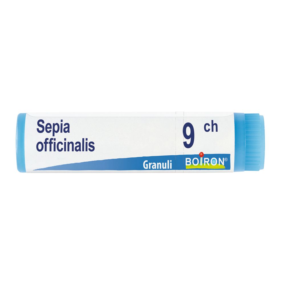 Tubo blu e bianco con Sepia officinalis 9 ch Globuli. Scritta: Sepia officinalis, 9 ch, BOIRON.