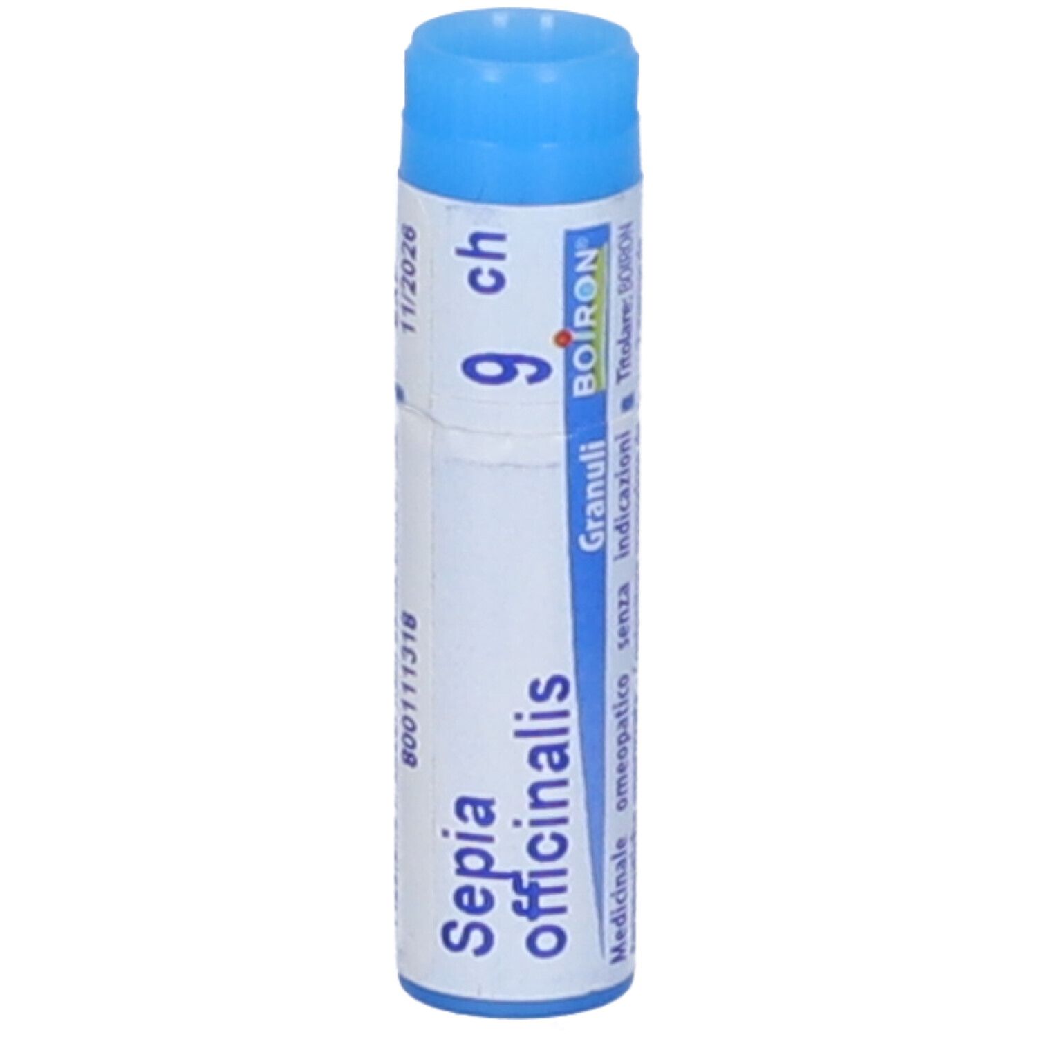 Tubo blu con Sepia officinalis 9 ch Globuli. Scritta: Sepia officinalis, 9 ch, BOIRON, scadenza 11/2026.